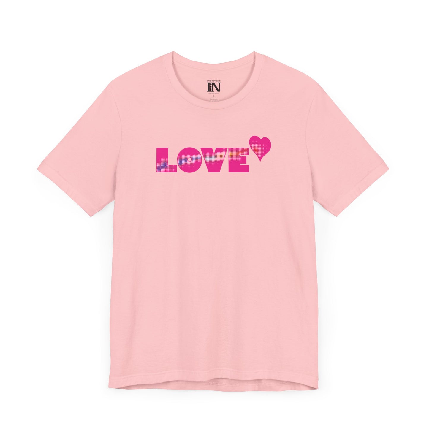 Valentines Love Shirt, Love Retro Pop-Art Unisex Tee, Bold Uppercase Letters, Hot Pink, Halftone Gradient Effect, Minimalistic Design