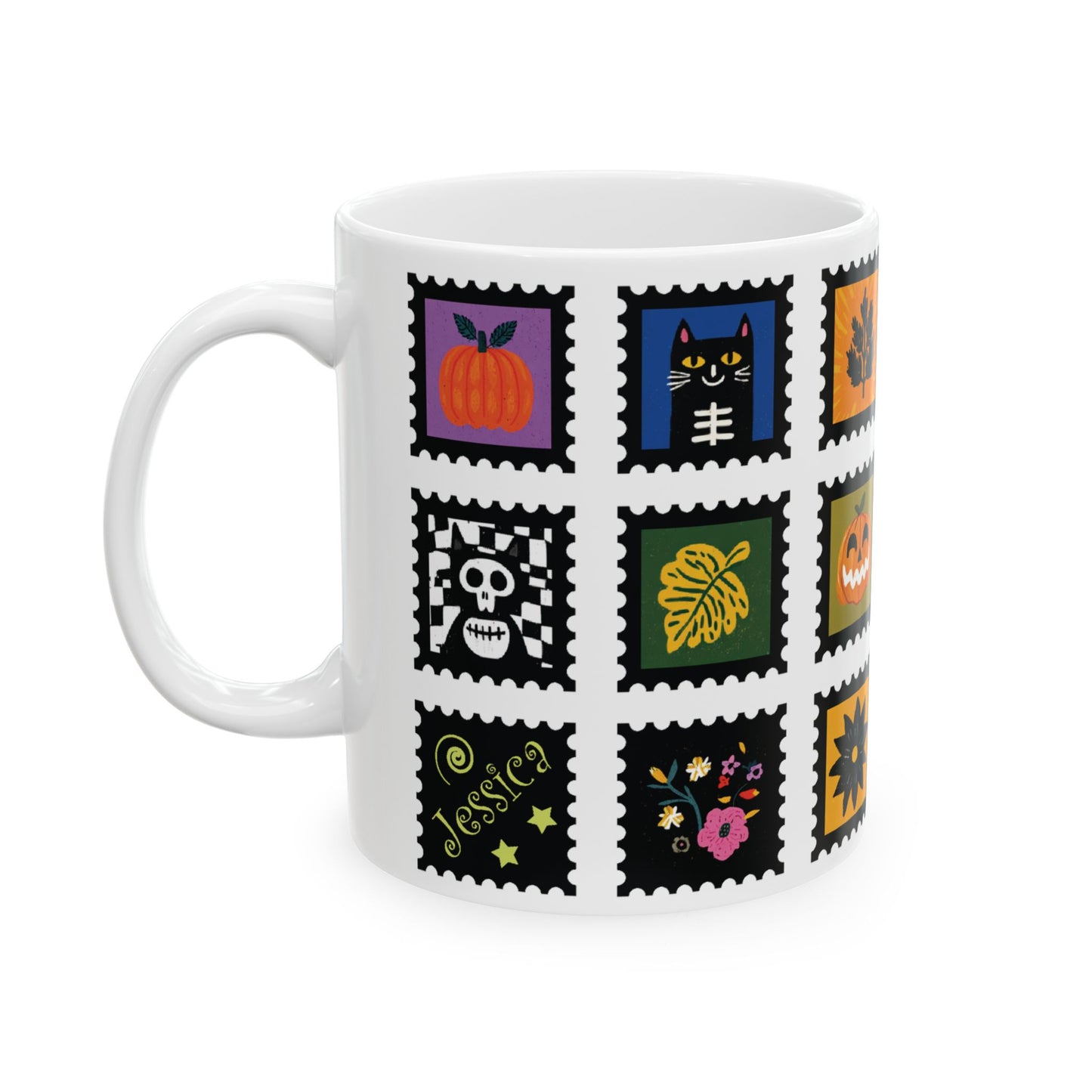 Custom Halloween Ceramic Mug, Fall Season Personalized Gift, Cute Stamp Halloween Home Decor, Autumn Coffee Tea Cup, 11 oz or 15 oz