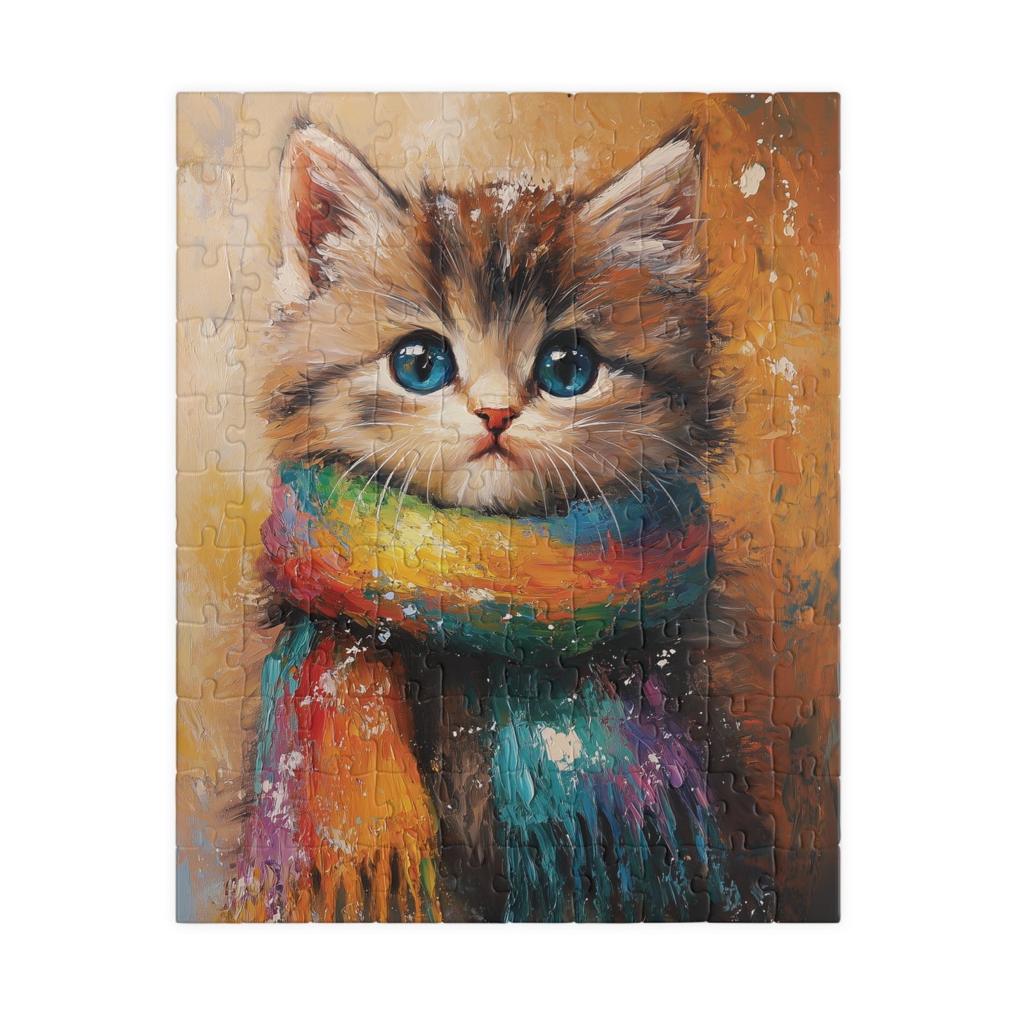 Fluffy Kitten Jigsaw Puzzle, Rainbow Scarf Cat Puzzle, Artistic Painting Style Design, Cat Lover Gift, Impressionistic Art Style