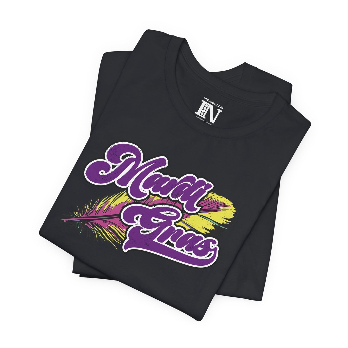 Mardi Gras Jersey Tee, Festival Distressed Shirt, Unisex Party Top, Purple Gold Feathers, Vintage Style Celebration Tshirt, Fun Casual Vibes