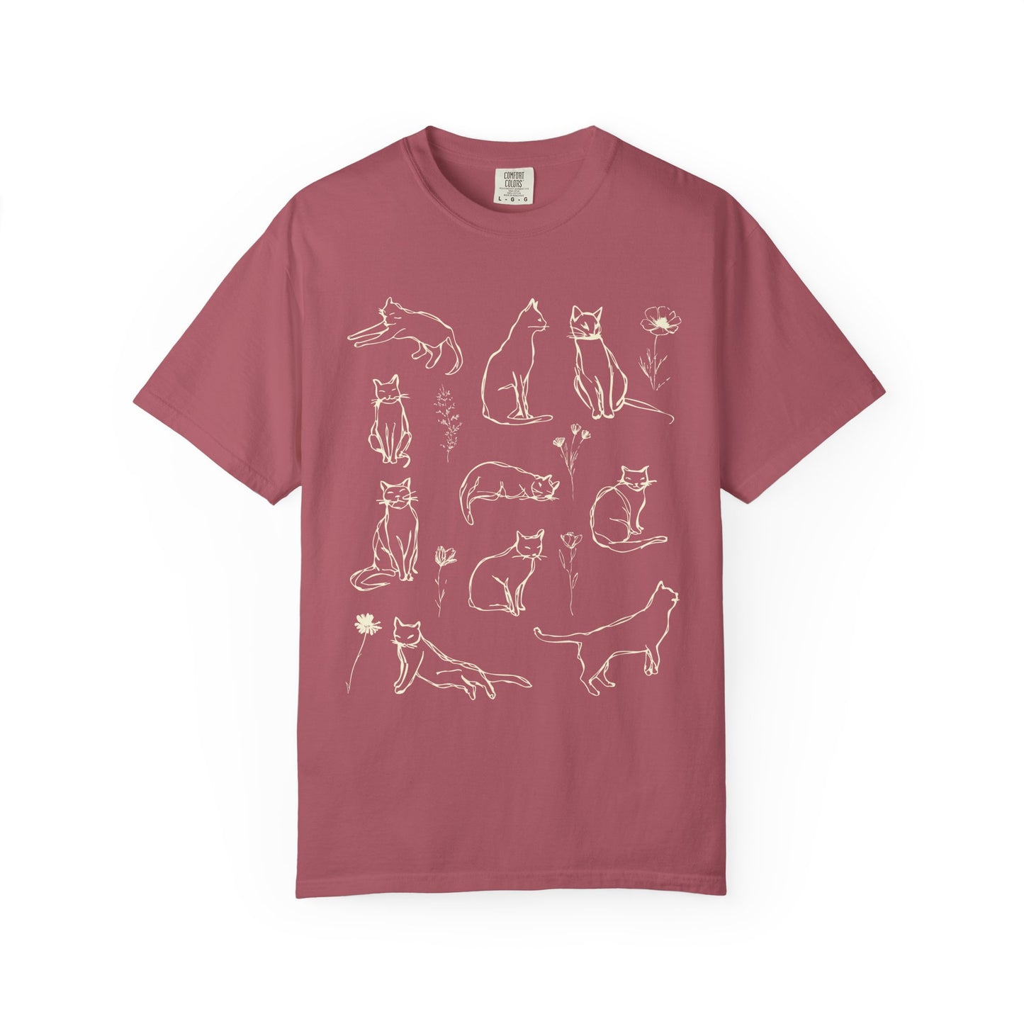 Comfort Colors Cat Poses Line Art T-shirt, Vintage Style Sketch Drawing Cat Shirt, Cat Lover Gift, Floral Cat Tee, Feline Flair Top