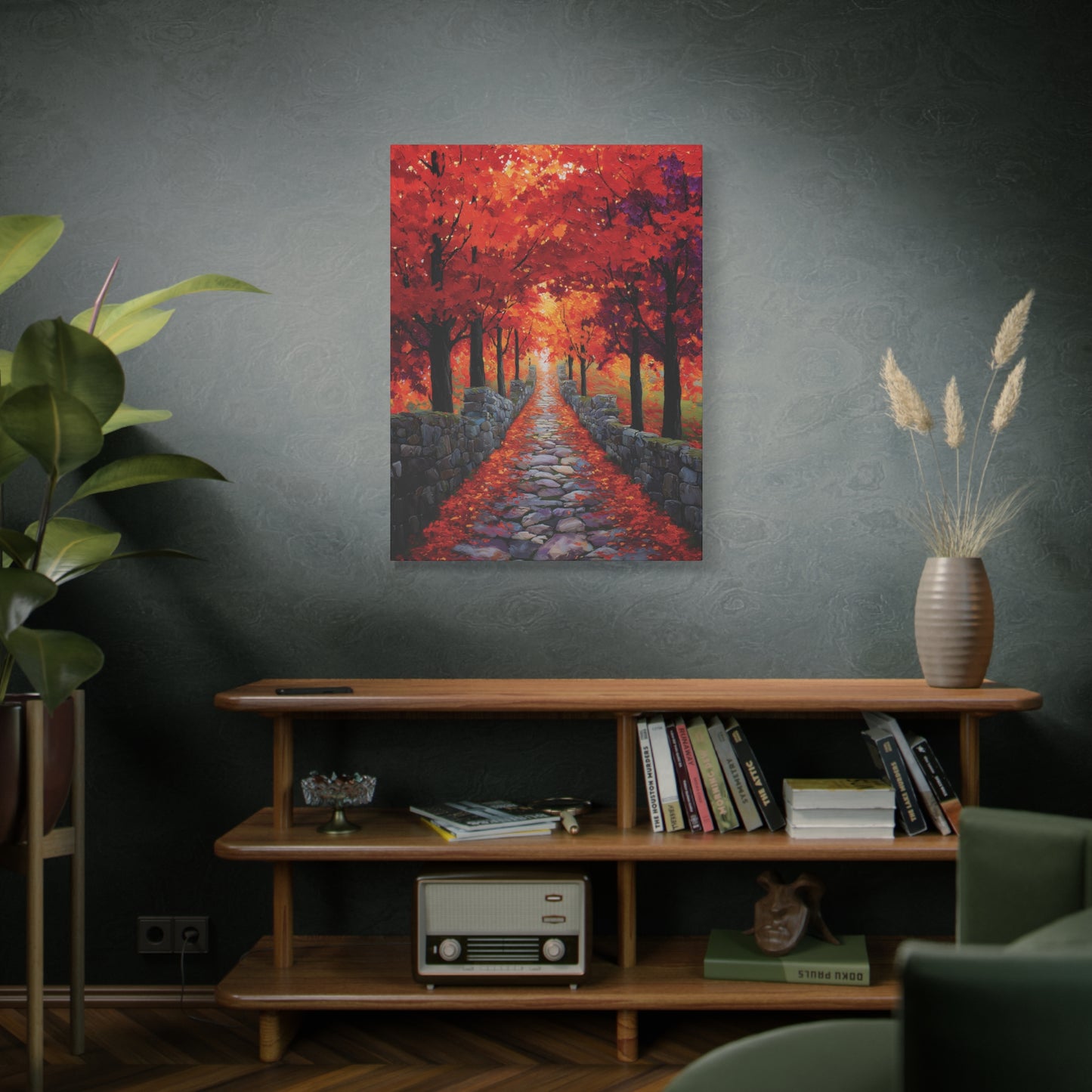 Autumn Stone Path Canvas Print Wall Art, Oil Painting Style Vibrant Fall Foliage Landscape Print for Cozy Fall Seasonal Home Decor