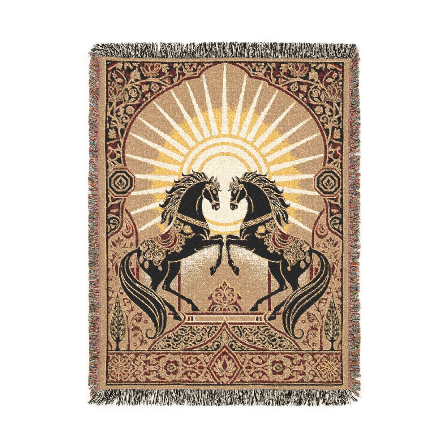 Bohemian Horse Woven Blanket, Celestial Sun Tapestry, Persian Art Jacquard Throw, Maximalist Wall Hanging, Spiritual Equestrian Decor Gift