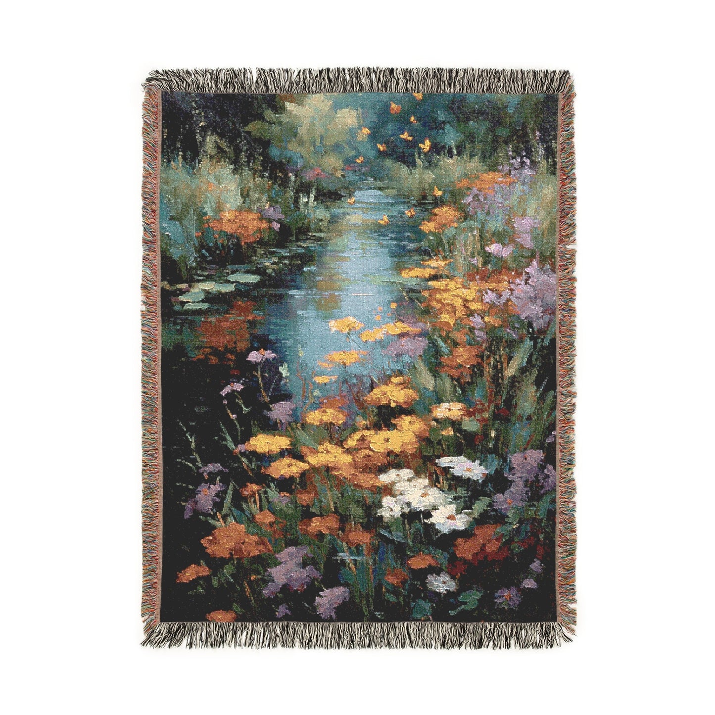 Impressionist Garden Woven Blanket, Vintage Painting Tapestry, Floral River Jacquard Throw, Monet Style Art, Cottagecore Flower Decor