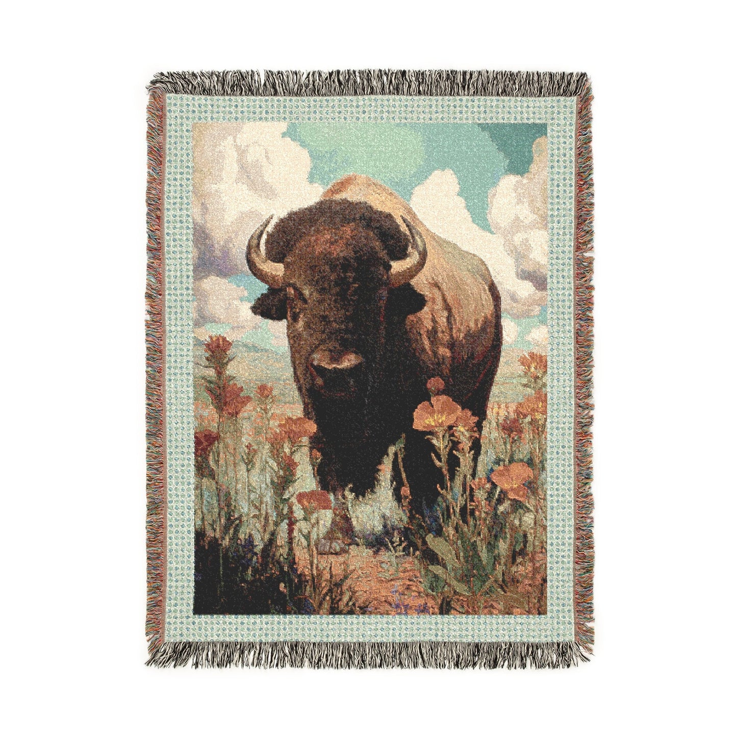 Buffalo Woven Blanket, Bison Throw Blanket, Boho Floral Blanket, Rustic Wildlife Tapestry, Cozy Farmhouse Decor, Nature Lover Gift