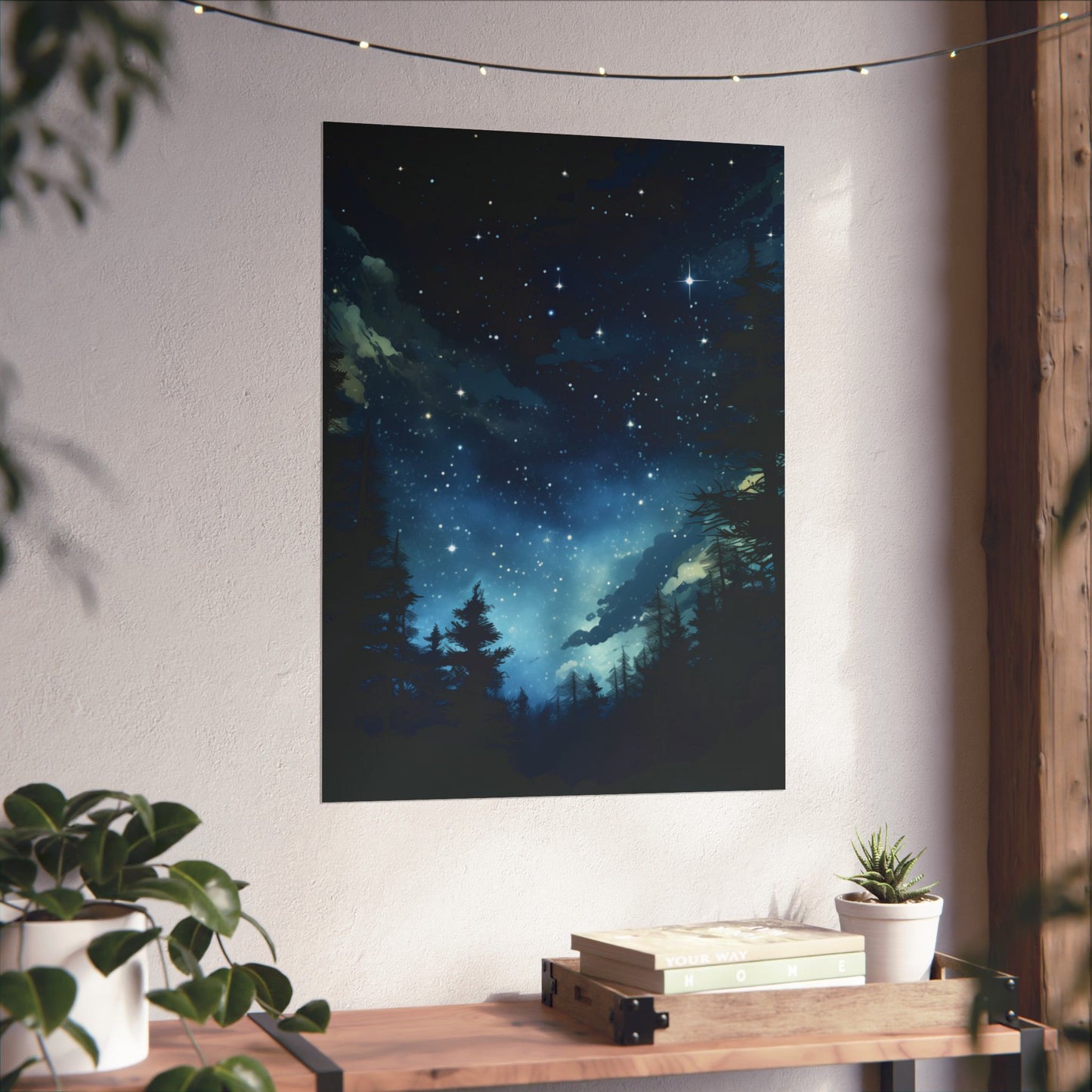 Night Sky Vertical Poster, Starry Forest Scene, Nature Lover Gift, Celestial Star Wall Art, Skyline Illustration Print, Astronomy Decor