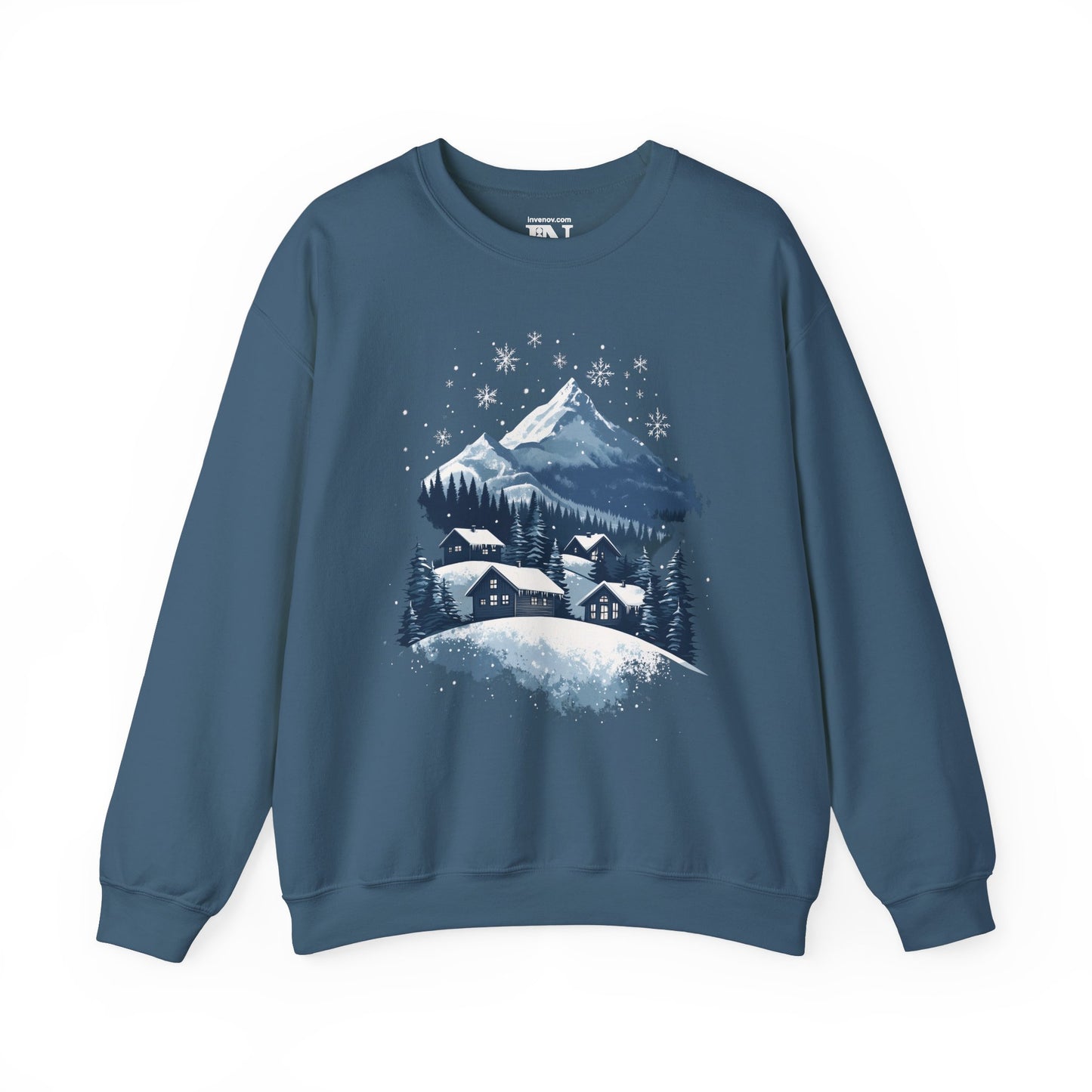 Winter Serenity Graphic Sweatshirt, Peaceful Snowy Mountain Scene, Cozy Cabin, Minimalist Snowfall Design, Soft Blue White Silver Tone