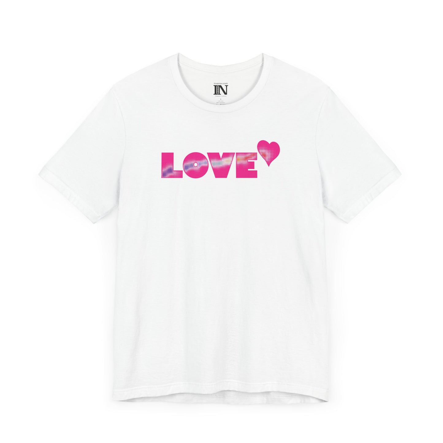 Valentines Love Shirt, Love Retro Pop-Art Unisex Tee, Bold Uppercase Letters, Hot Pink, Halftone Gradient Effect, Minimalistic Design