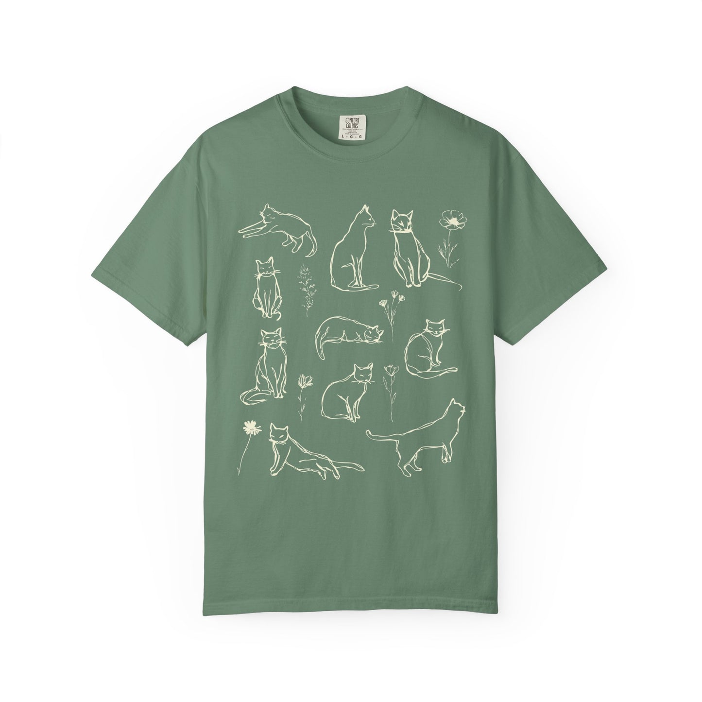 Comfort Colors Cat Poses Line Art T-shirt, Vintage Style Sketch Drawing Cat Shirt, Cat Lover Gift, Floral Cat Tee, Feline Flair Top