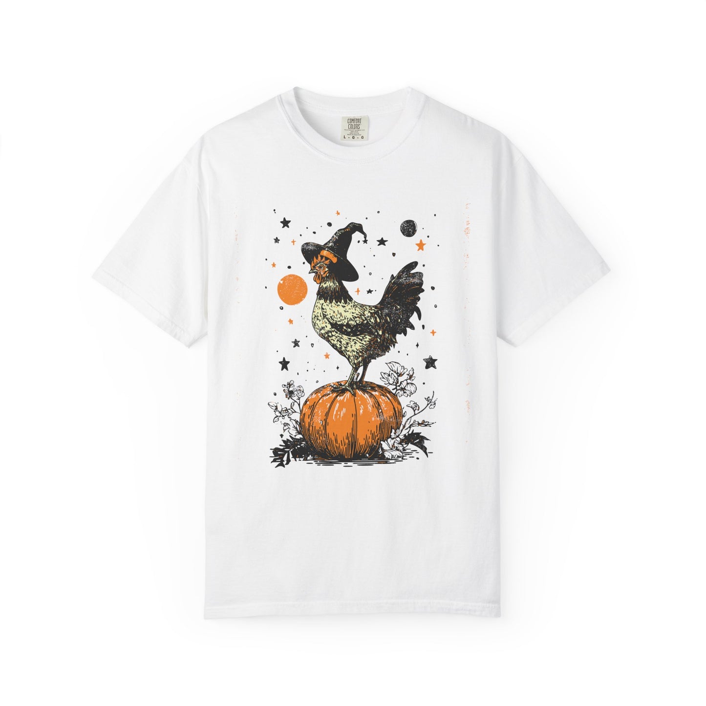 Comfort Colors Farmyard Halloween Chicken Garment-Dyed T-shirt, Spooky Pumpkin Witch Hat Rustic Autumn Tee, Fall Style, Harvest Time Shirt