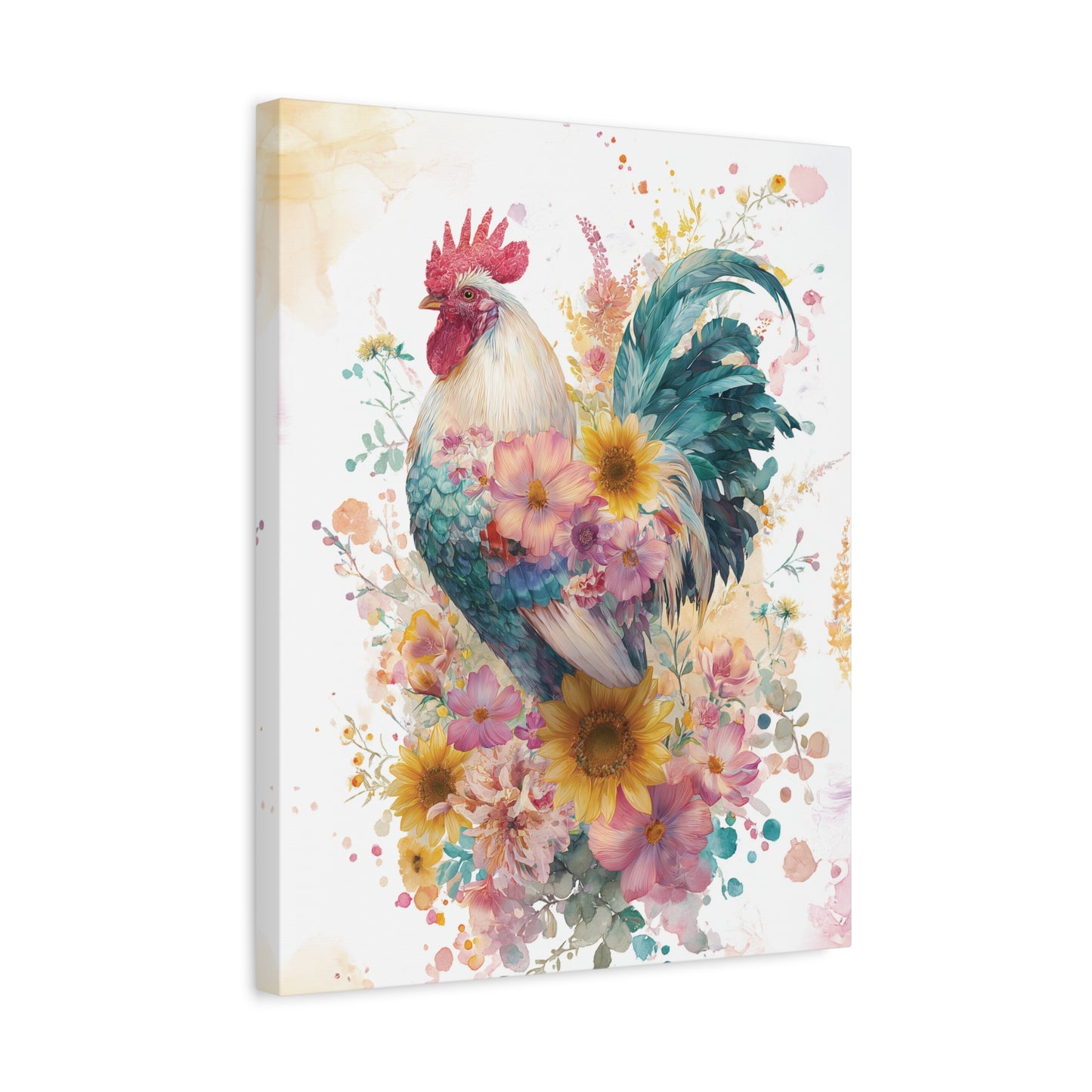 Floral Rooster Design Canvas Print Wall Art, Farmhouse Decor, Watercolor Style, Wildflower Sunflower Painting, Kitchen Livingroom Decor