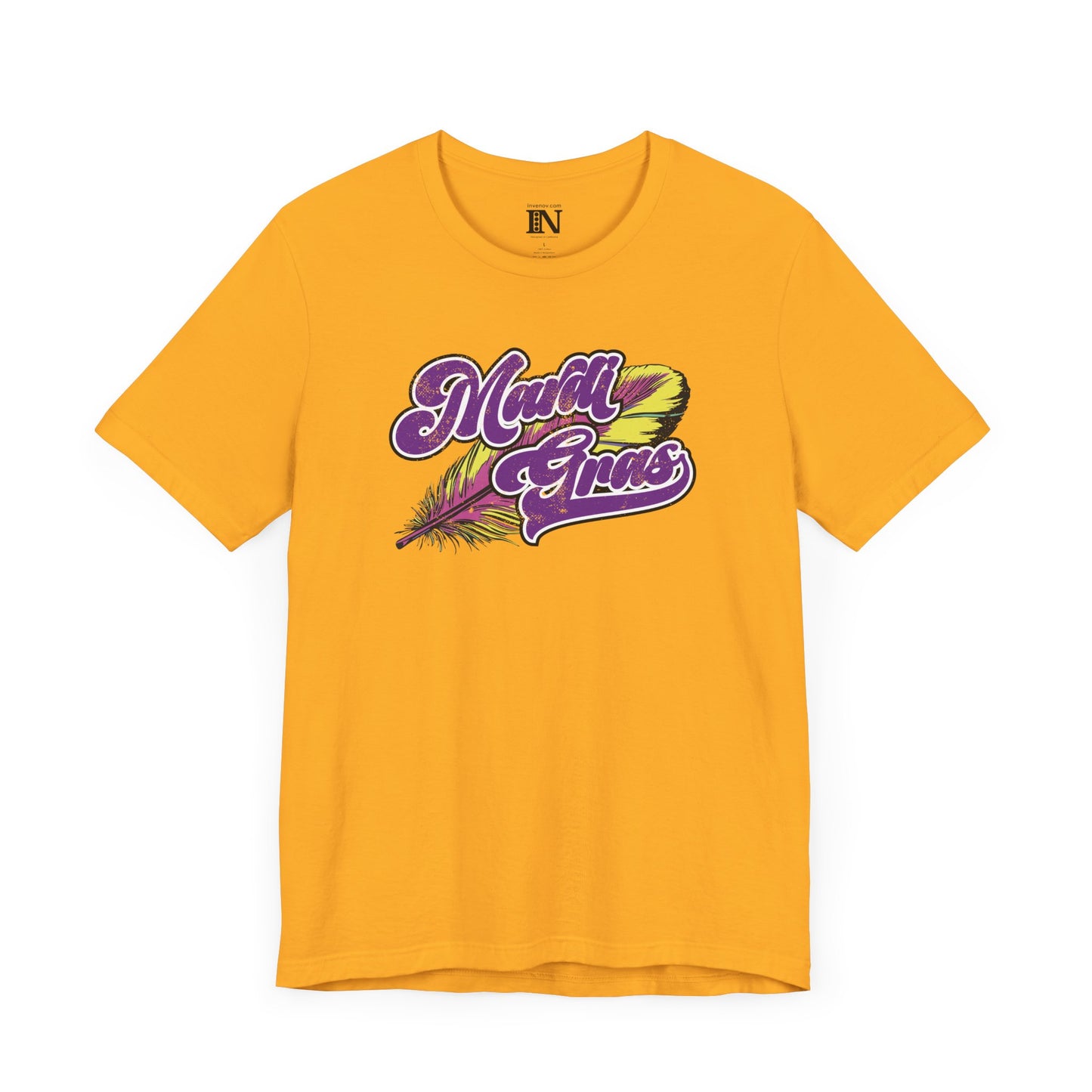 Mardi Gras Jersey Tee, Festival Distressed Shirt, Unisex Party Top, Purple Gold Feathers, Vintage Style Celebration Tshirt, Fun Casual Vibes