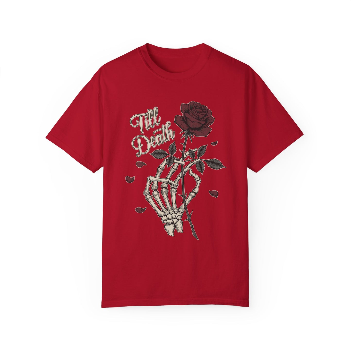 Comfort Colors Skeleton Hand & Rose Gothic T-Shirt, Till Death Scripted Tee, Dark Funny Romantic Tee, Edgy Style Goth Fashion