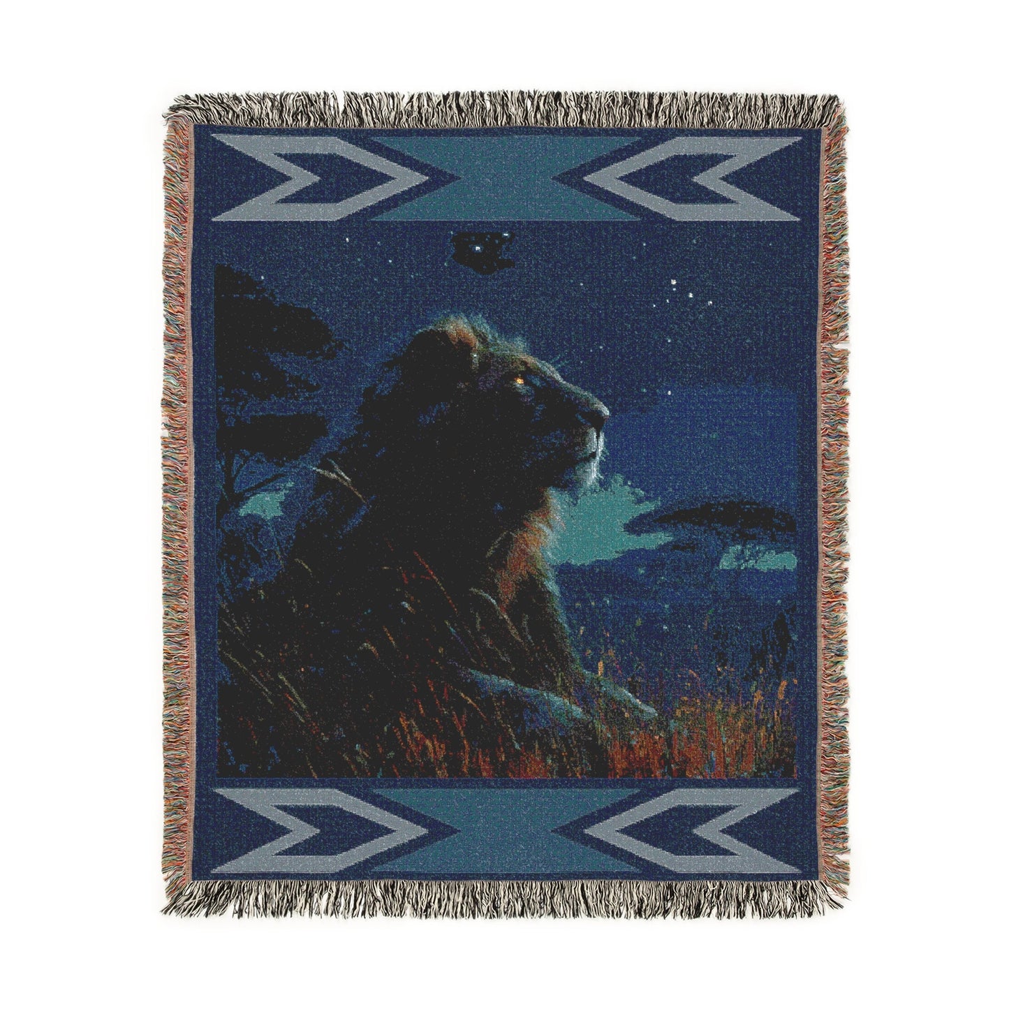 Celestial Safari Lion Woven Blanket, Moonlight Tapestry, Wildlife Lover Gift, Fringed Sofa Bed Wall Art, Africa Safari Night Blanket Throw