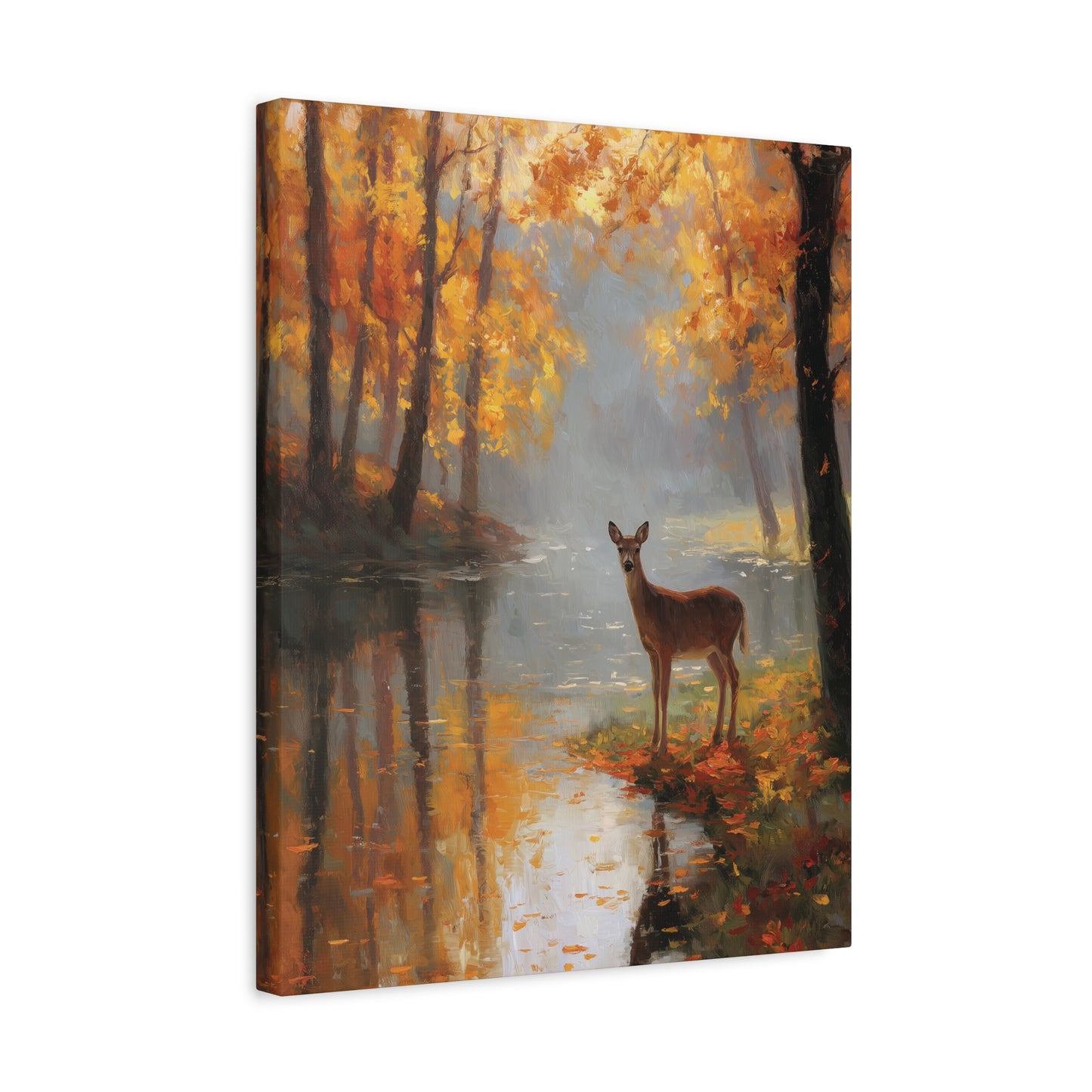 Autumn Deer Riverbank Canvas Art Painting, Autumn Fall Foliage Landscape, Wildlife Home Decor, Rustic Interior Wall Hanging