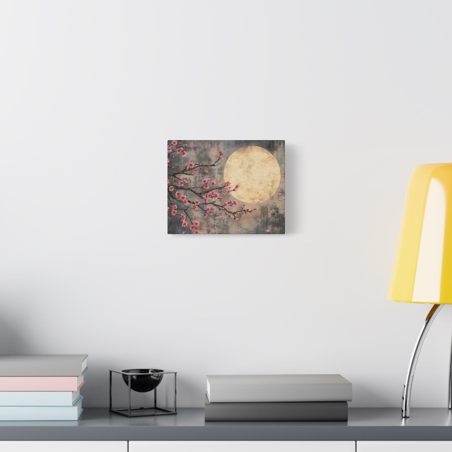Cherry Blossom Branch Celestial Full Moon Canvas Print, Sakura Flower Wall Art Decor, Japanese Tree Canvas Art, Rustic Home Office Decor