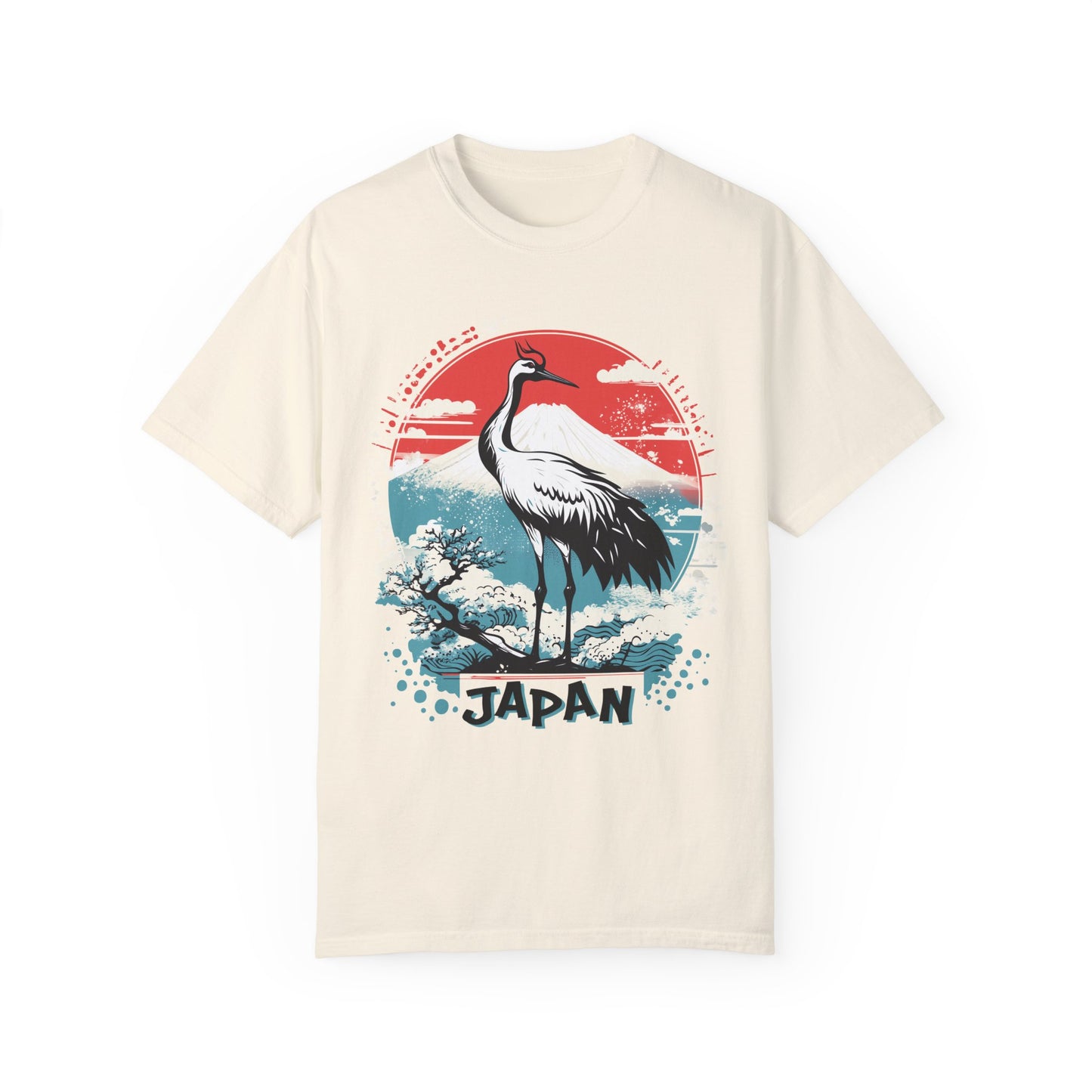 Comfort Colors Japanese Crane Shirt, Mount Fuji Tee, Unisex Graphic Top, Oriental Bird Shirt, Retro Neon Vibes Clothing, Travel Japan Shirt