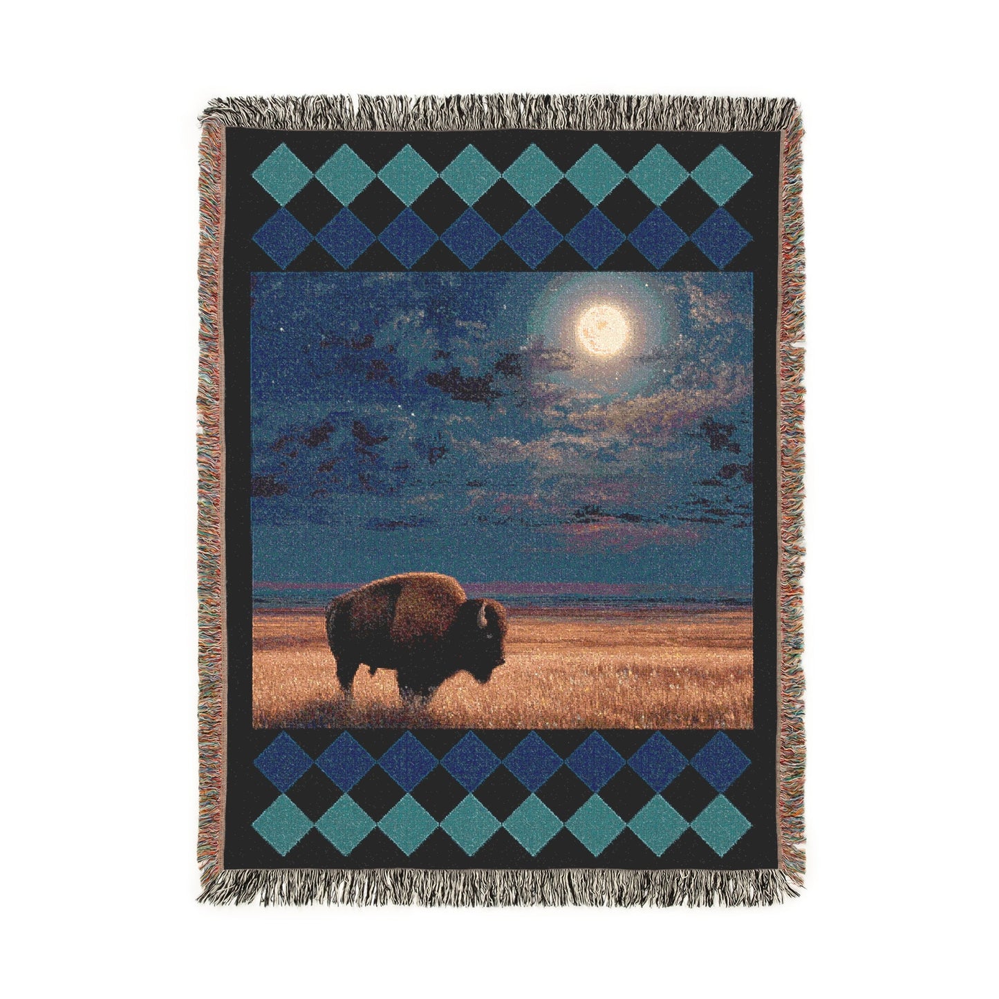 Southwestern Bison Woven Blanket, Celestial Night Bison Buffalo Cozy Throw, Moon Wall Hanging, Wildlife Lover Gift, Rustic Home Accent