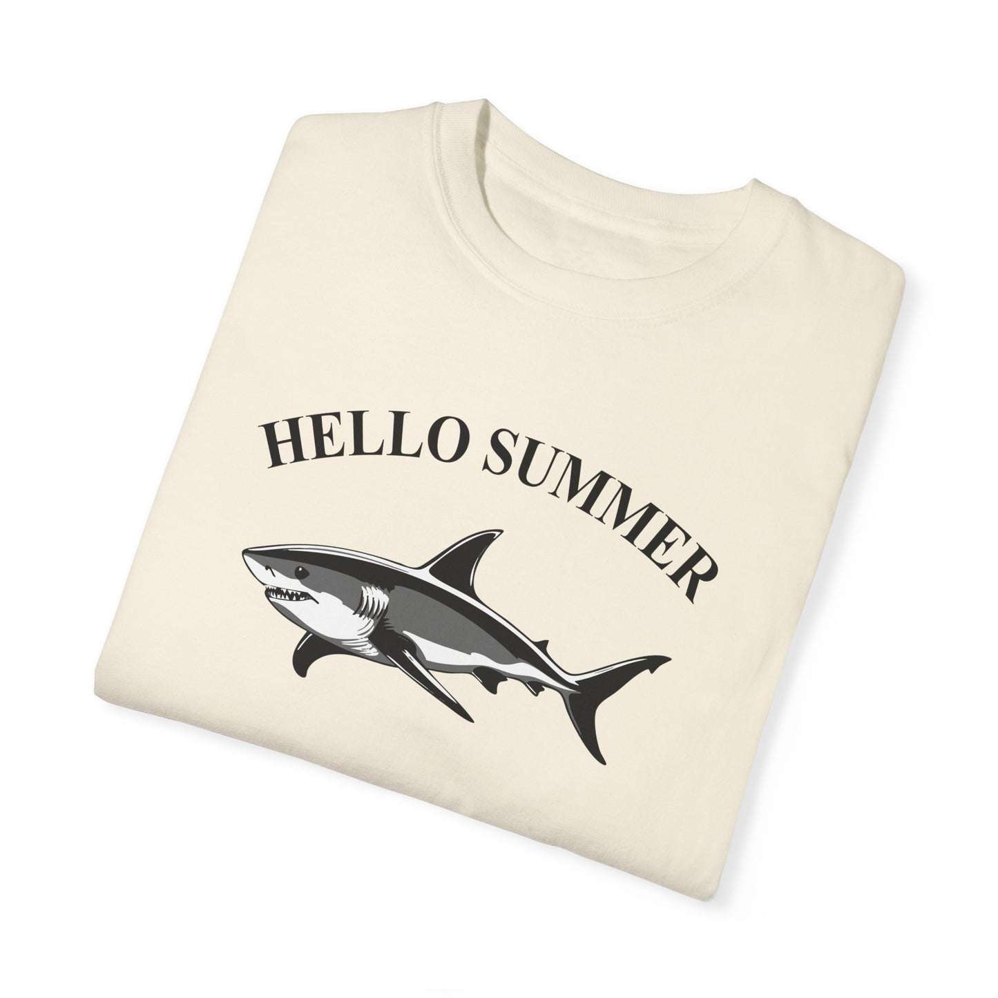 Hello Summer Shark Graphic T-shirt, Cool Beach Vibe Shirt, Ocean Adventure Tee, Summer Casual Wear, Simple Summer Graphic Tee