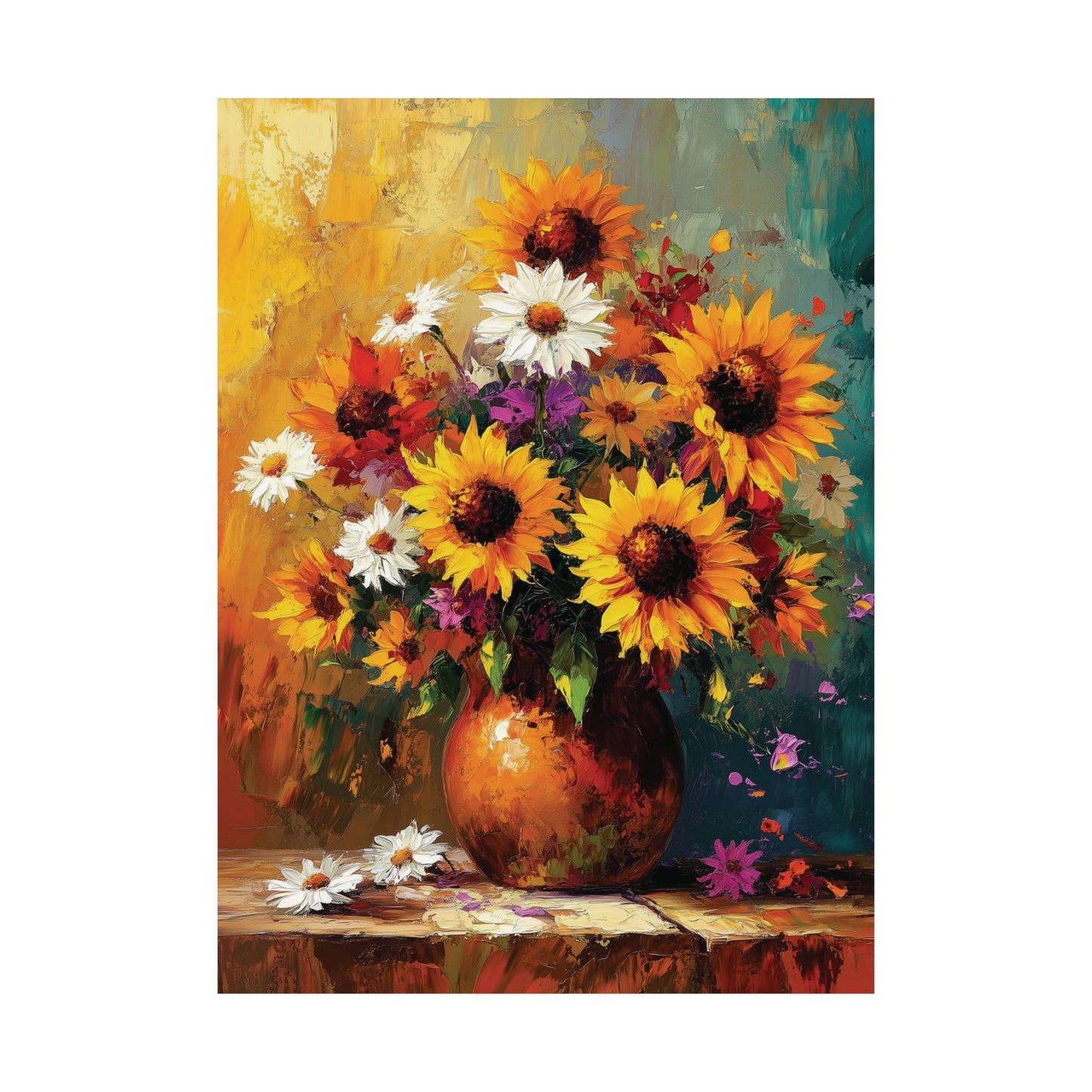 Impressionistic Floral Matte Poster Print, Sunflower Bouquet Painting Print, Home Decor Wall Art Gift, Daisies Sun Flowers Painting Poster