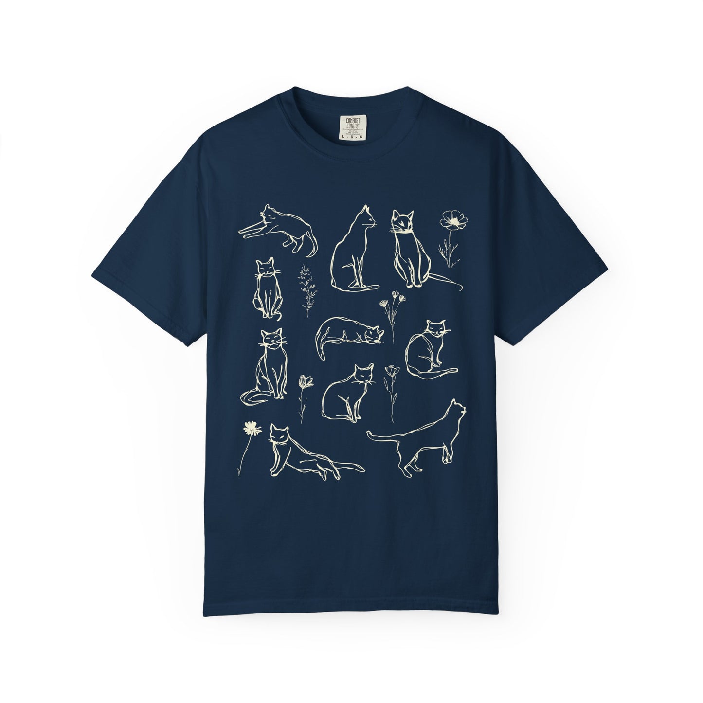 Comfort Colors Cat Poses Line Art T-shirt, Vintage Style Sketch Drawing Cat Shirt, Cat Lover Gift, Floral Cat Tee, Feline Flair Top