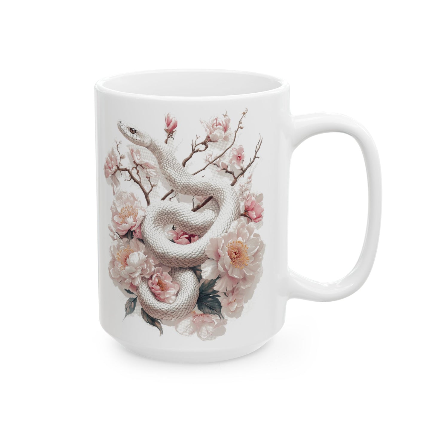 Snake and Floral Ceramic Mug, White Snake with Pink Flowers Coffee Cup, Watercolor Inspired Tea Mug, Delicate Serene Botanical Drinkware,