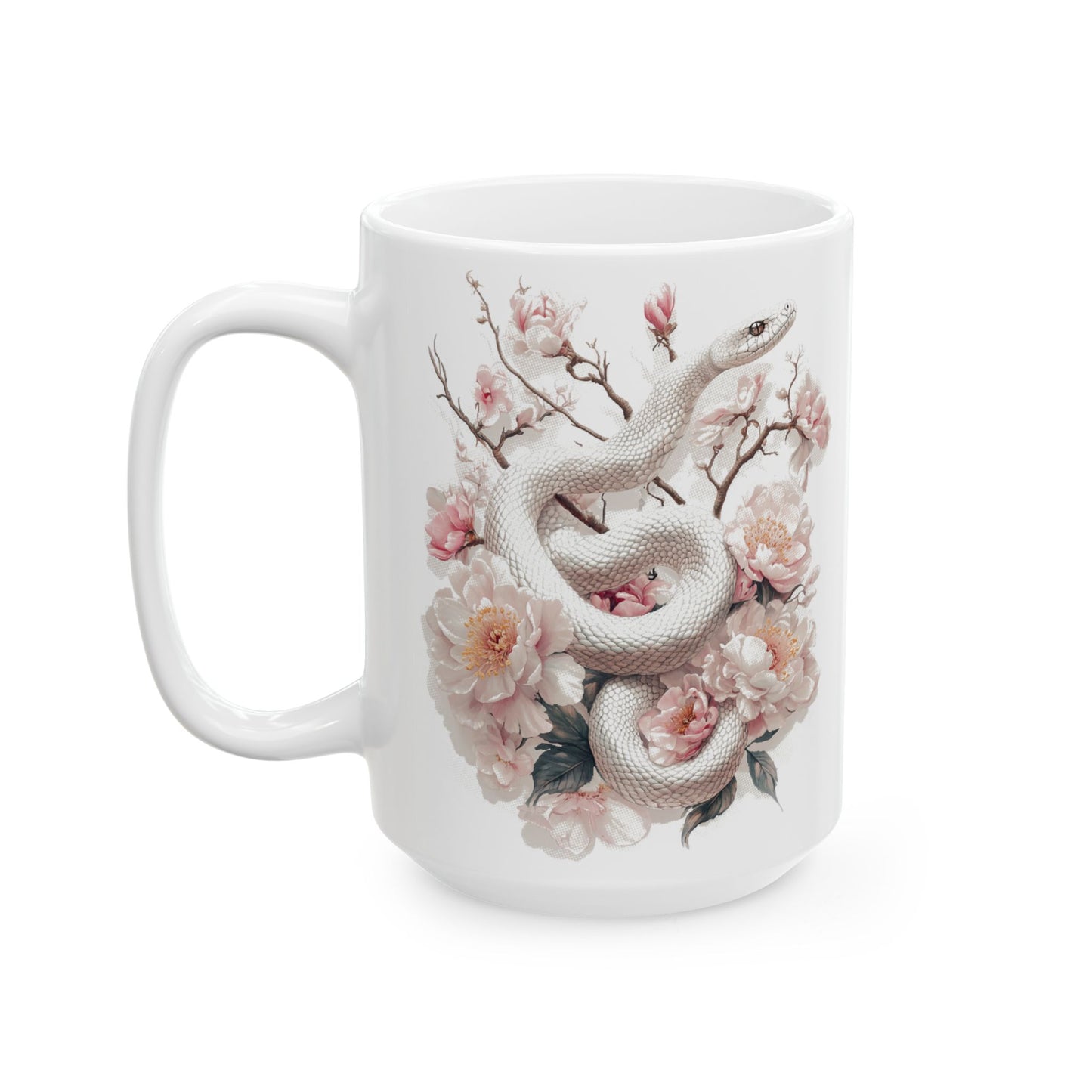 Snake and Floral Ceramic Mug, White Snake with Pink Flowers Coffee Cup, Watercolor Inspired Tea Mug, Delicate Serene Botanical Drinkware,