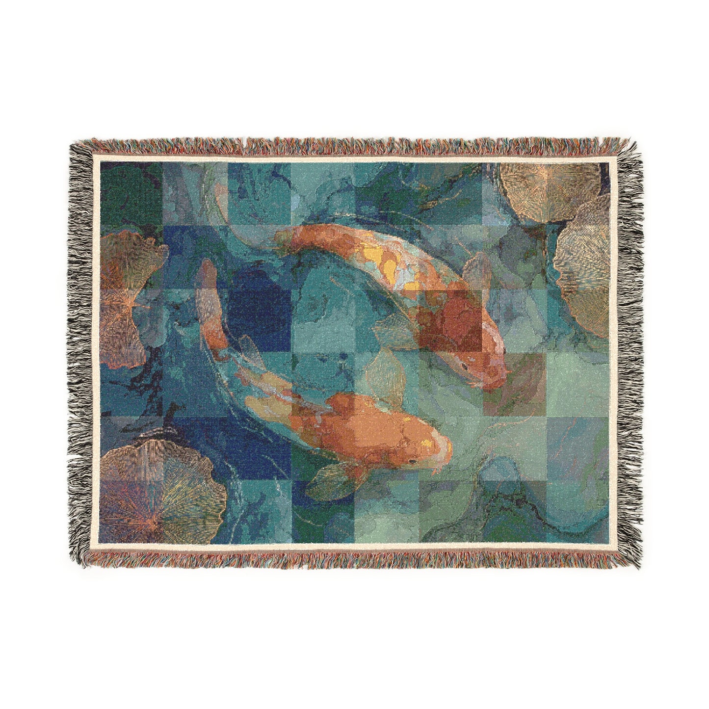 Koi Fish Pond Tapestry Throw Woven Blanket, Japanese Koi Home Decor, Artistic Textures Fringed Blanket, Living Room Sofa Bed Decoration