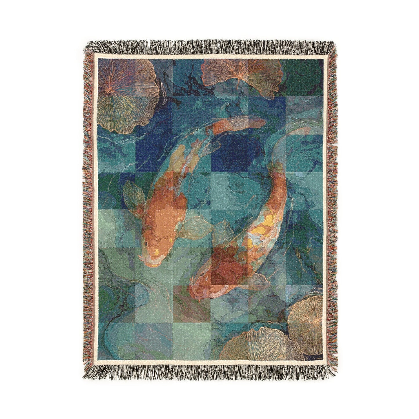 Koi Fish Pond Tapestry Throw Woven Blanket, Japanese Koi Home Decor, Artistic Textures Fringed Blanket, Living Room Sofa Bed Decoration