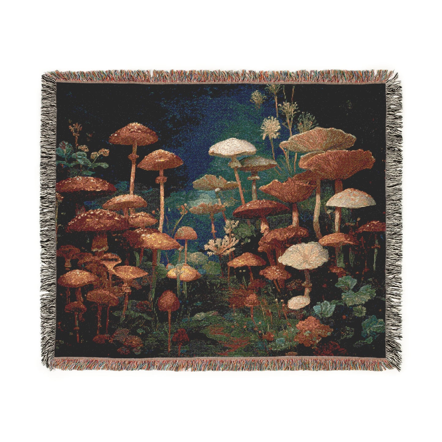Mushroom Forest Scene Woven Blanket, Earthy Tones Cottagecore Cozy Tapestry, Nature Lovers Throw, Magical Whimsical Mushroom Home Decor