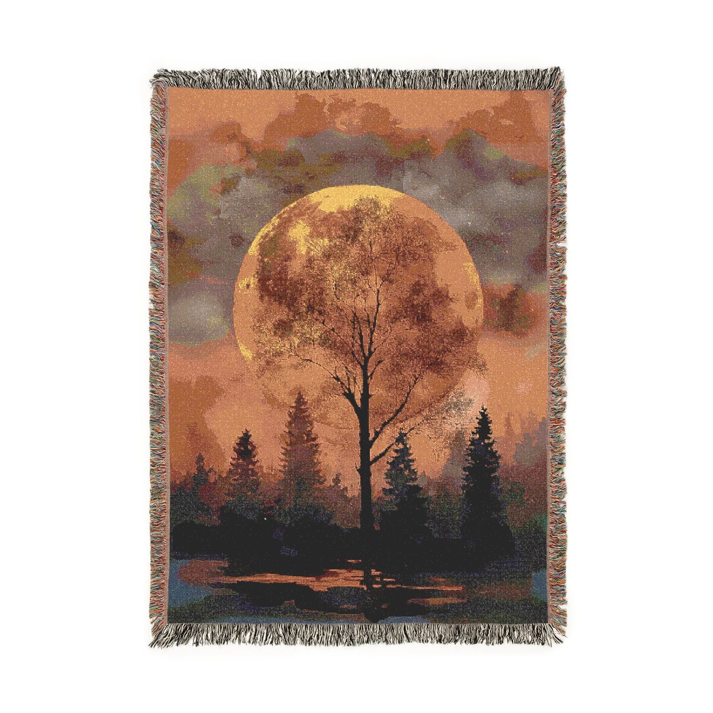 Autumn Forest Moon Woven Blanket, Full Moon Tree Silhouette Tapestry, Nature Lover Gift, Rustic Cabin Decoration, Fall Throws