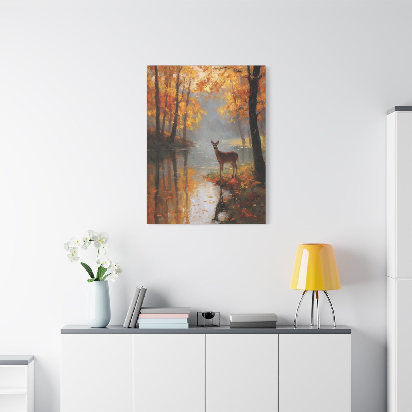 Autumn Deer Riverbank Canvas Art Painting, Autumn Fall Foliage Landscape, Wildlife Home Decor, Rustic Interior Wall Hanging