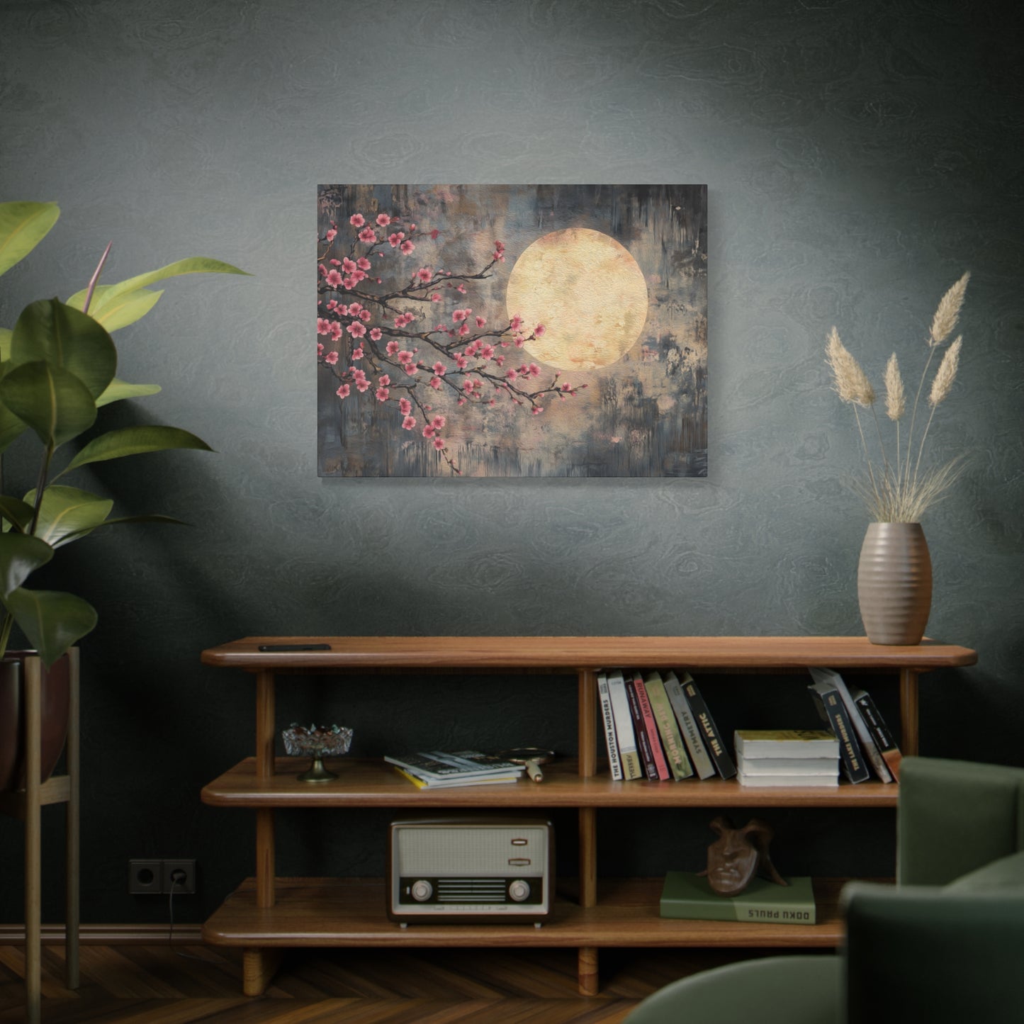 Cherry Blossom Branch Celestial Full Moon Canvas Print, Sakura Flower Wall Art Decor, Japanese Tree Canvas Art, Rustic Home Office Decor