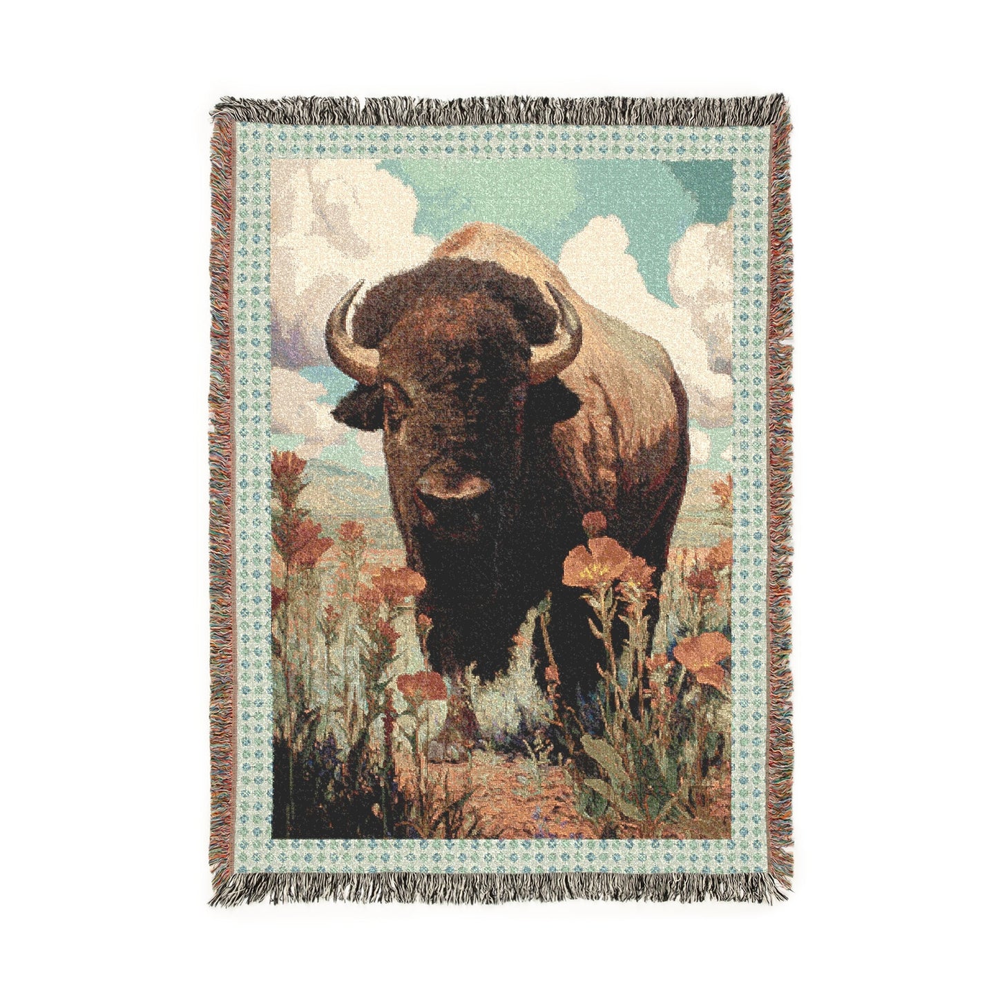 Buffalo Woven Blanket, Bison Throw Blanket, Boho Floral Blanket, Rustic Wildlife Tapestry, Cozy Farmhouse Decor, Nature Lover Gift