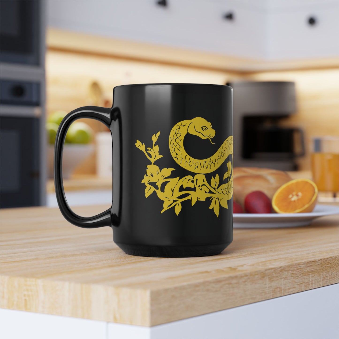Snake Floral Mug, Chinese Papercut Artwork, Black Coffee Cup, Serpent Blossoms Tea Mug, Nature Harmony Gift, Minimalist Graphic Design