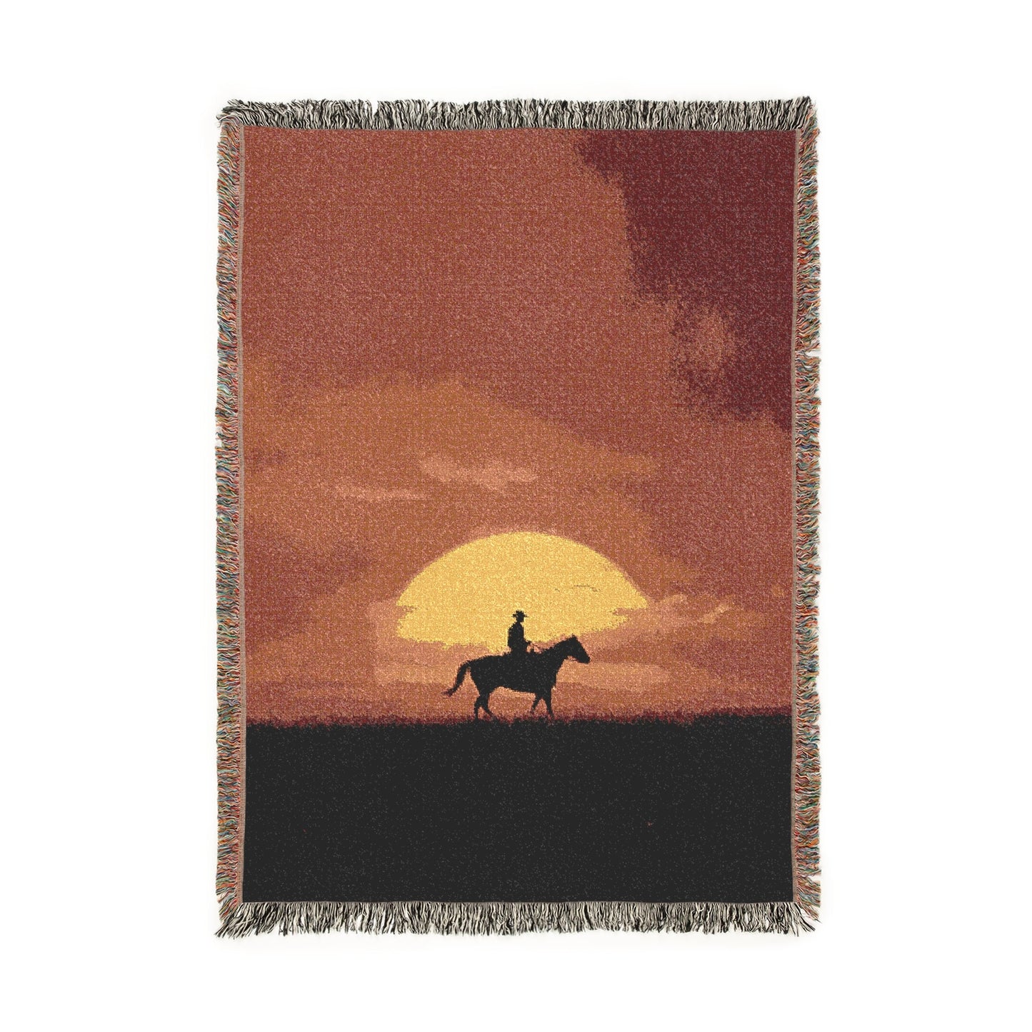Cowboy Sunset Woven Blanket Tapestry, Western Style Home Decor, Horse Lover, Nature Inspired Wall Art, Rustic Bedding, Fringed Couch Throw