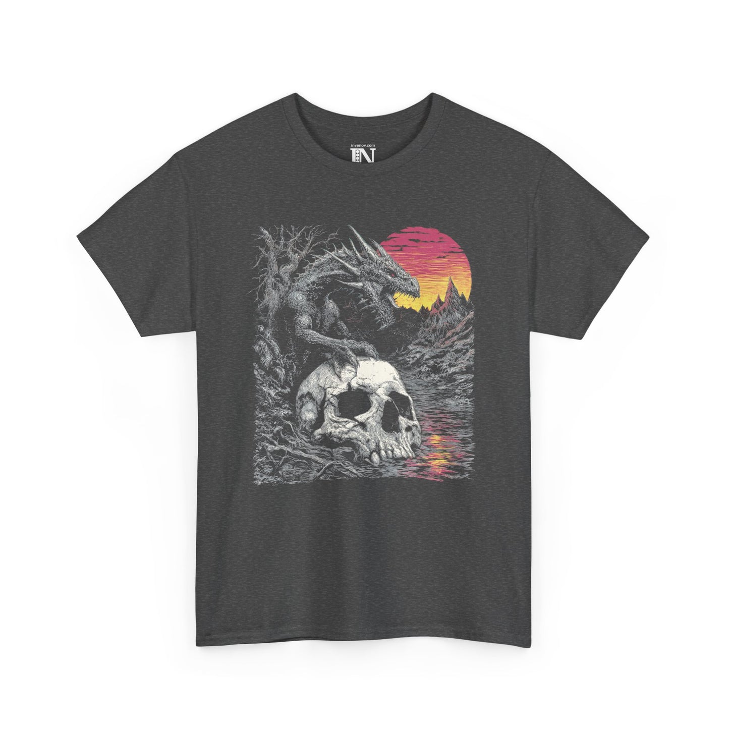 Dragon Fantasy Adventure Tee, Dragon and Skull Shirt, Mythical Creature Graphic Shirt, Gothic Sunset Dragon Tshirt, Dragon Lover Gift