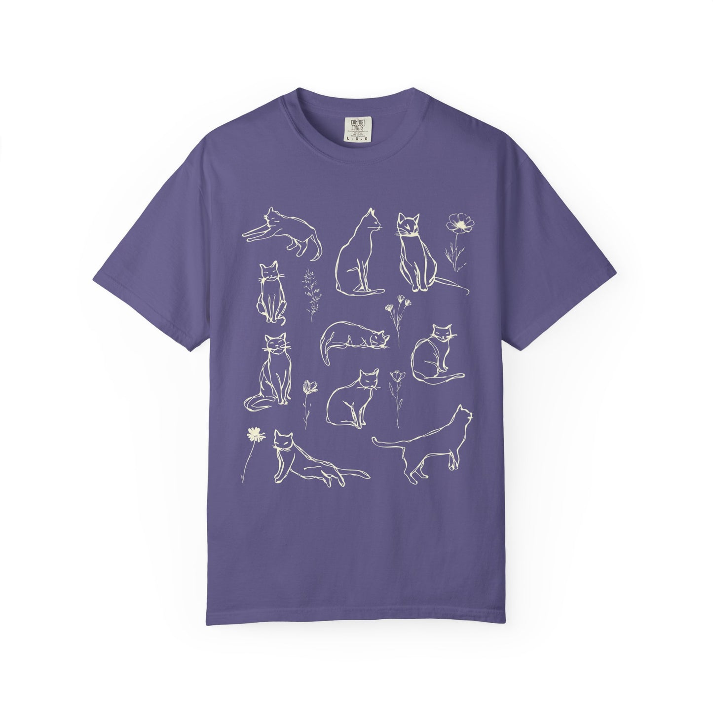 Comfort Colors Cat Poses Line Art T-shirt, Vintage Style Sketch Drawing Cat Shirt, Cat Lover Gift, Floral Cat Tee, Feline Flair Top