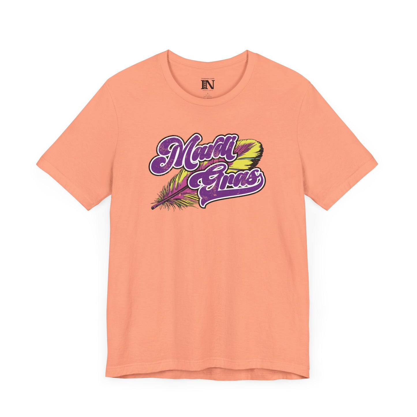 Mardi Gras Jersey Tee, Festival Distressed Shirt, Unisex Party Top, Purple Gold Feathers, Vintage Style Celebration Tshirt, Fun Casual Vibes