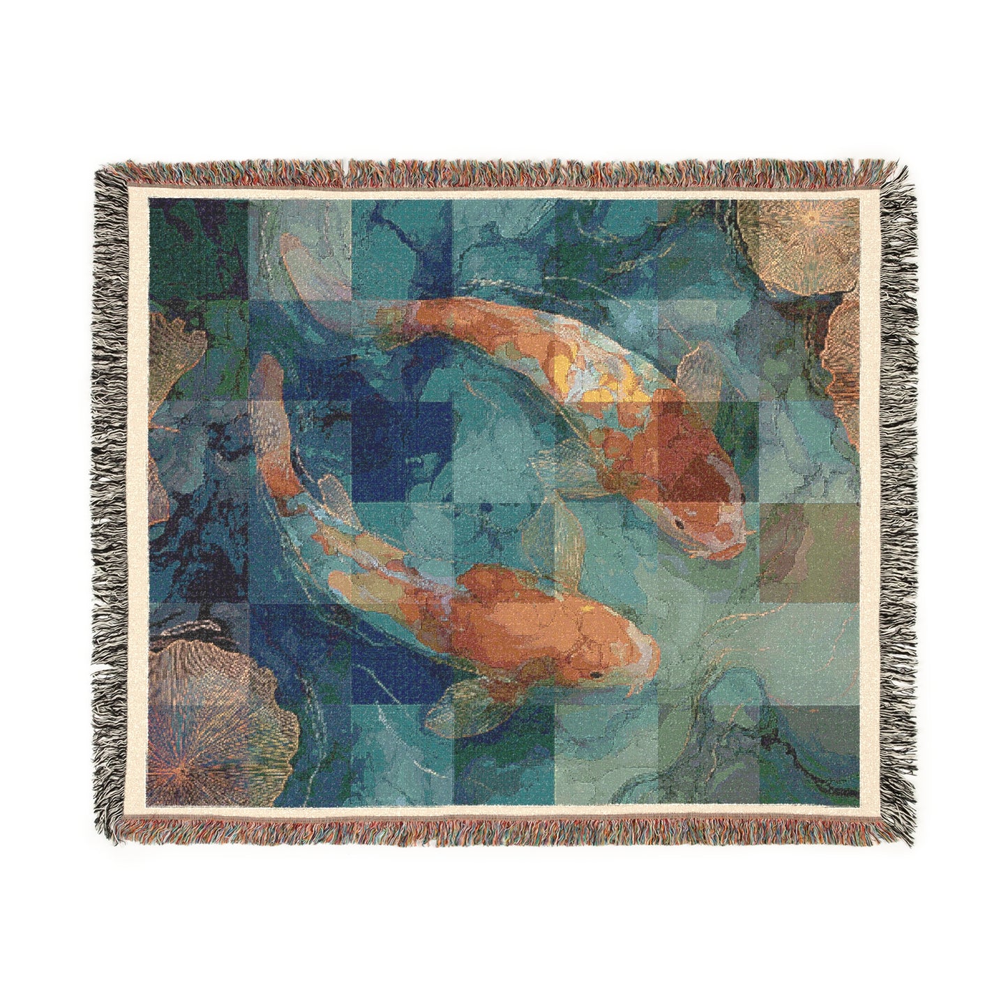 Koi Fish Pond Tapestry Throw Woven Blanket, Japanese Koi Home Decor, Artistic Textures Fringed Blanket, Living Room Sofa Bed Decoration