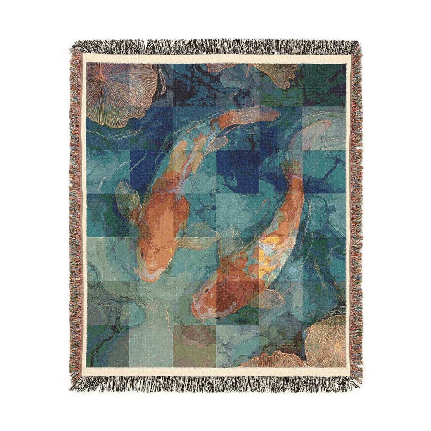 Koi Fish Pond Tapestry Throw Woven Blanket, Japanese Koi Home Decor, Artistic Textures Fringed Blanket, Living Room Sofa Bed Decoration