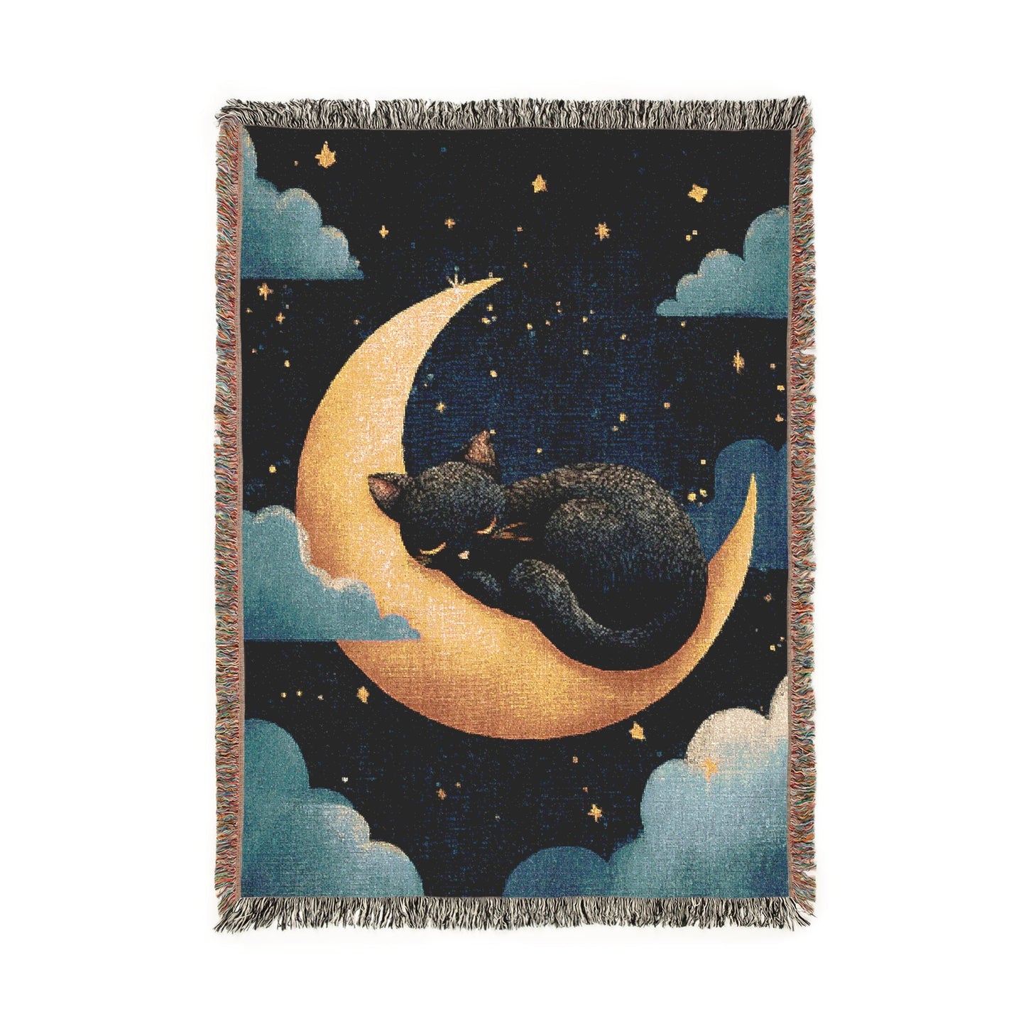 Cat on Crescent Moon Woven Blanket, Celestial Cozy Cottagecore Home Decor, Wall Tapestry, Bed Throw, Cat Lover Gift, Night Sky Stars