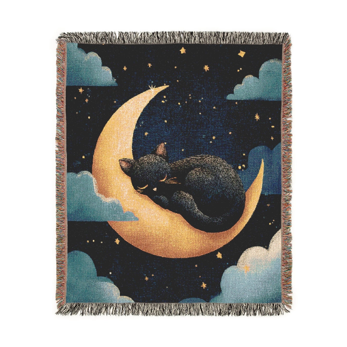 Cat on Crescent Moon Woven Blanket, Celestial Cozy Cottagecore Home Decor, Wall Tapestry, Bed Throw, Cat Lover Gift, Night Sky Stars