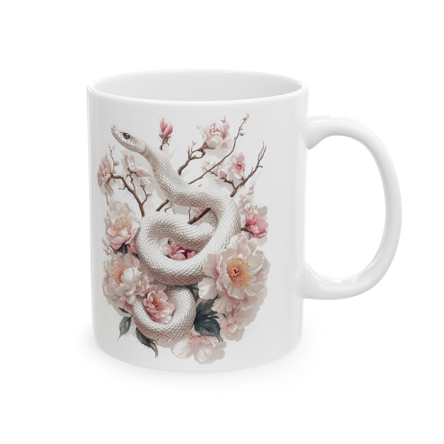 Snake and Floral Ceramic Mug, White Snake with Pink Flowers Coffee Cup, Watercolor Inspired Tea Mug, Delicate Serene Botanical Drinkware,