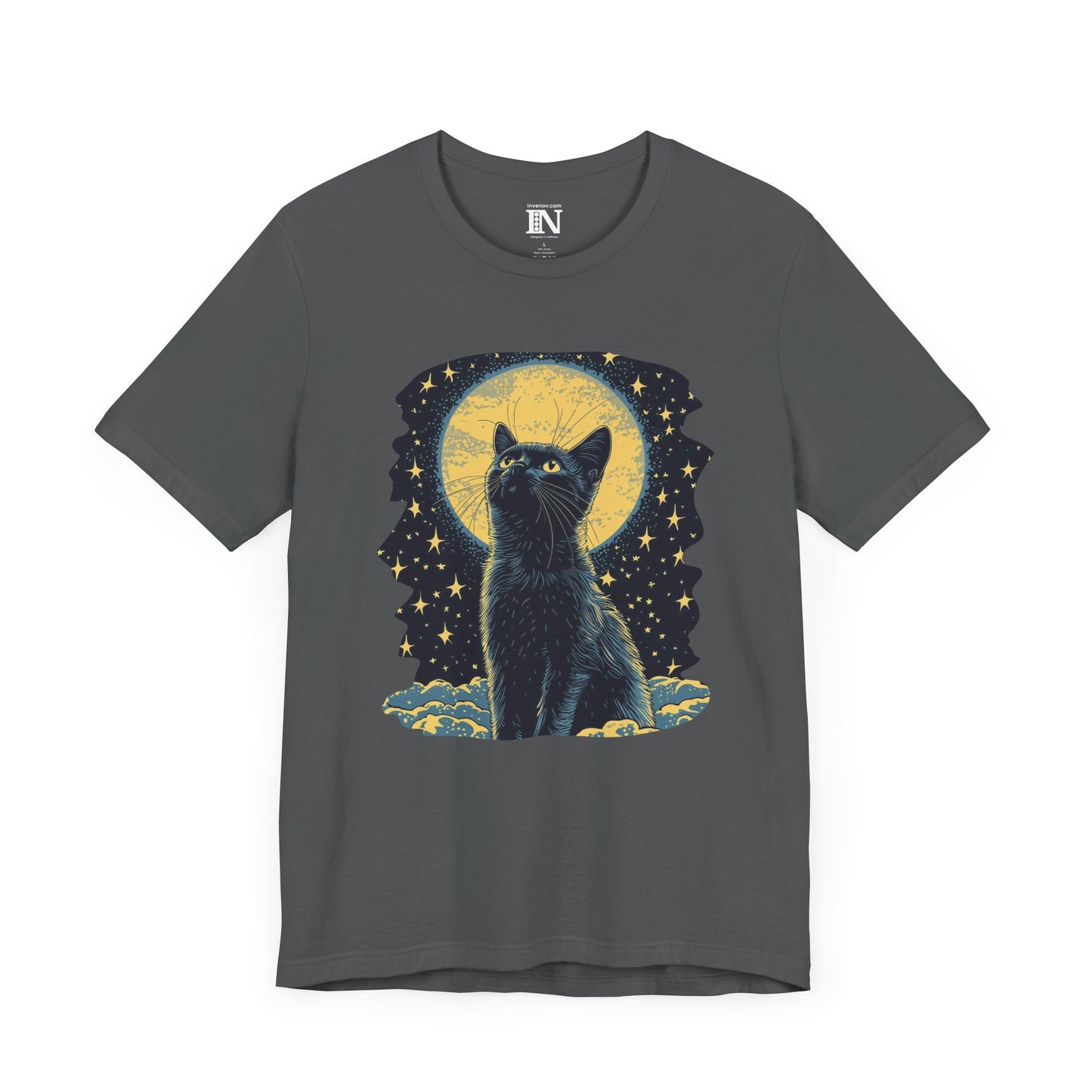 Mystical Cat Graphic T-Shirt, Night Sky Tee, Celestial Moon Cat Shirt, Ethereal Feline Top, Magical Cat Apparel, Cat Lover Shirt