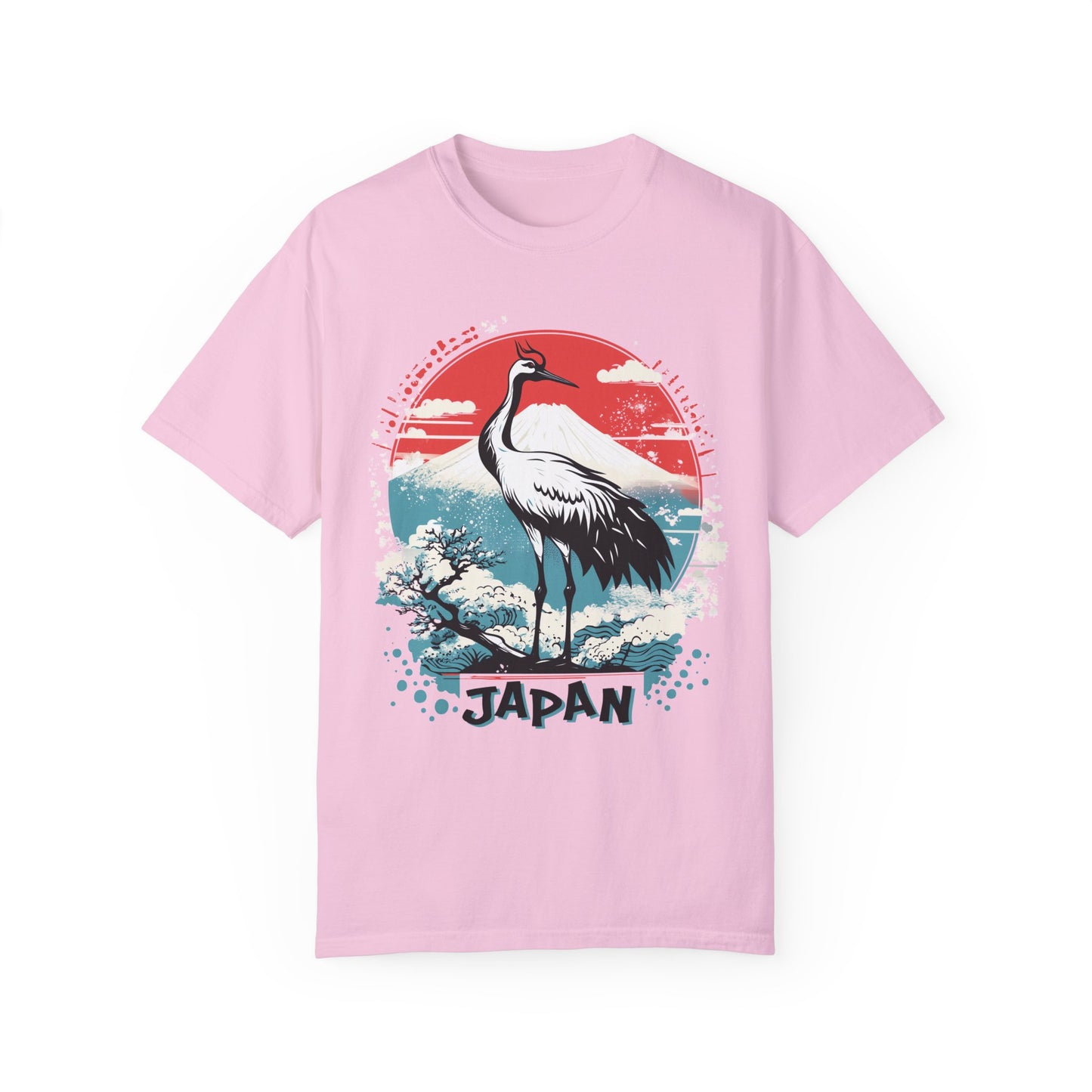Comfort Colors Japanese Crane Shirt, Mount Fuji Tee, Unisex Graphic Top, Oriental Bird Shirt, Retro Neon Vibes Clothing, Travel Japan Shirt