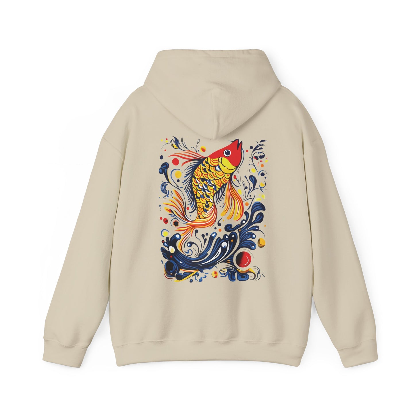 Colorful Fish Art Hoodie, Japanese Motifs Hoodie, Whimsical Water Splash Design, Vibrant Unisex Hooded Jumper, Unique Gift for Fish