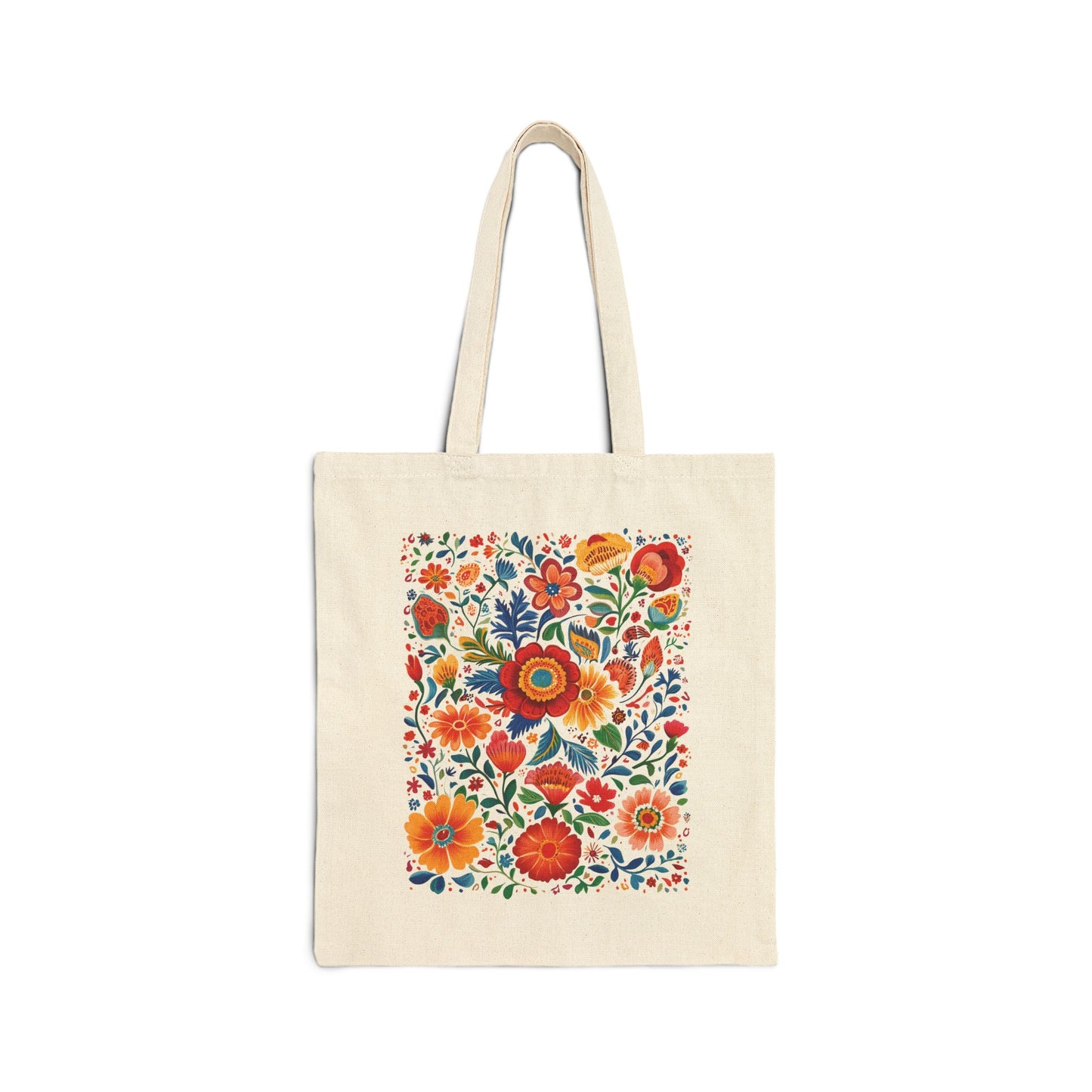 Floral Canvas Tote Bag, Folk Art Design, Mexican Style Bag, Colorful Blossoms, Cinco De Mayo Tote Bag, Orange Red Yellow Blue Green Pattern