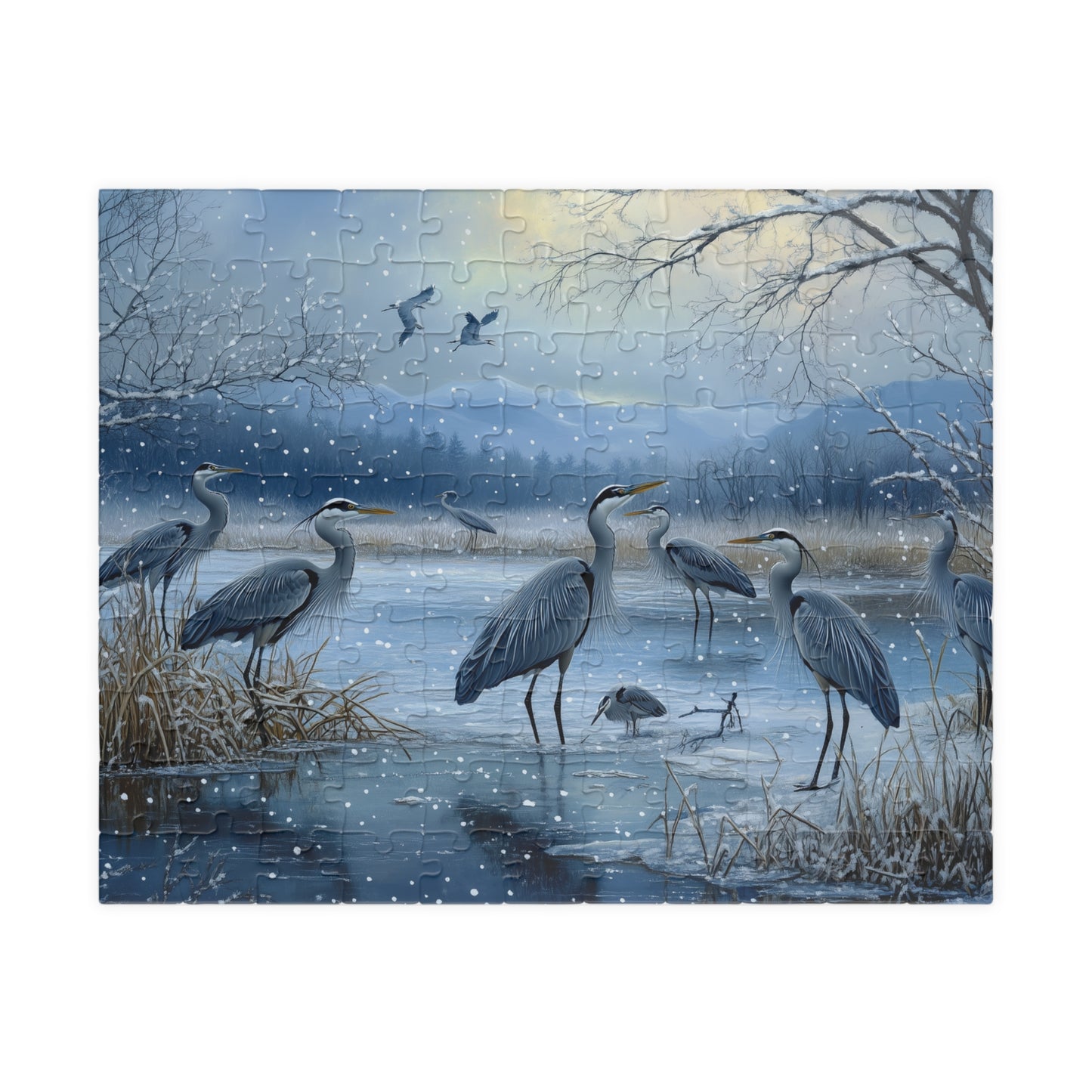 Majestic Blue Herons Winter Scene Jigsaw Puzzle, Beautiful Cranes Puzzle, Nature Lovers Gift, Family Game Fun Activity, Home Decoration
