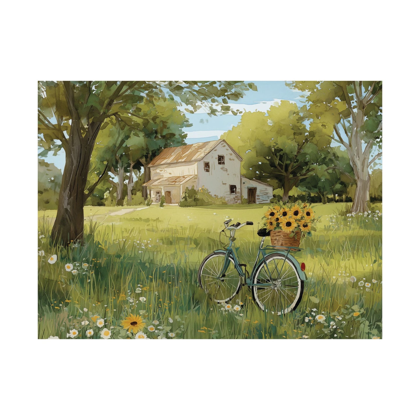 Cottagecore Wall Art, Sunflower Bicycle Print, Summer Farmhouse Decor Poster, Country Landscape Painting, Light Academia Gift